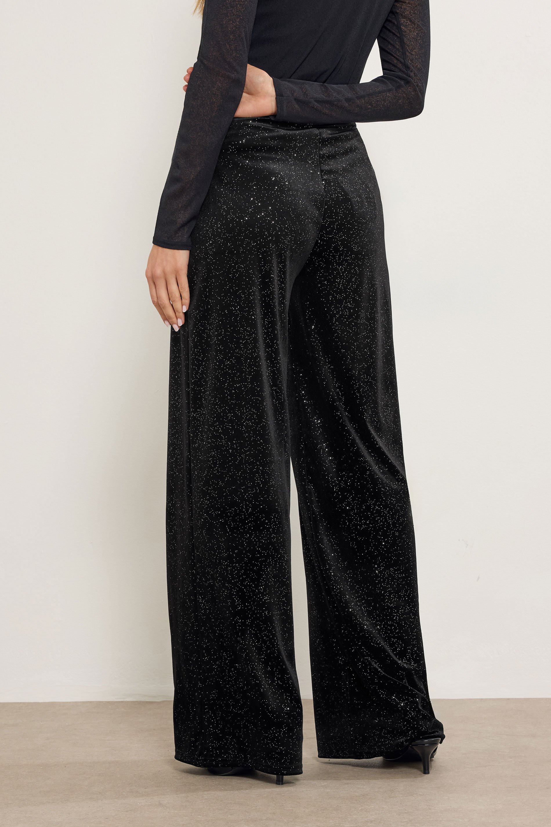 LTS Tall Black Velvet Glitter Wide Leg Trousers | Long Tall Sally  3