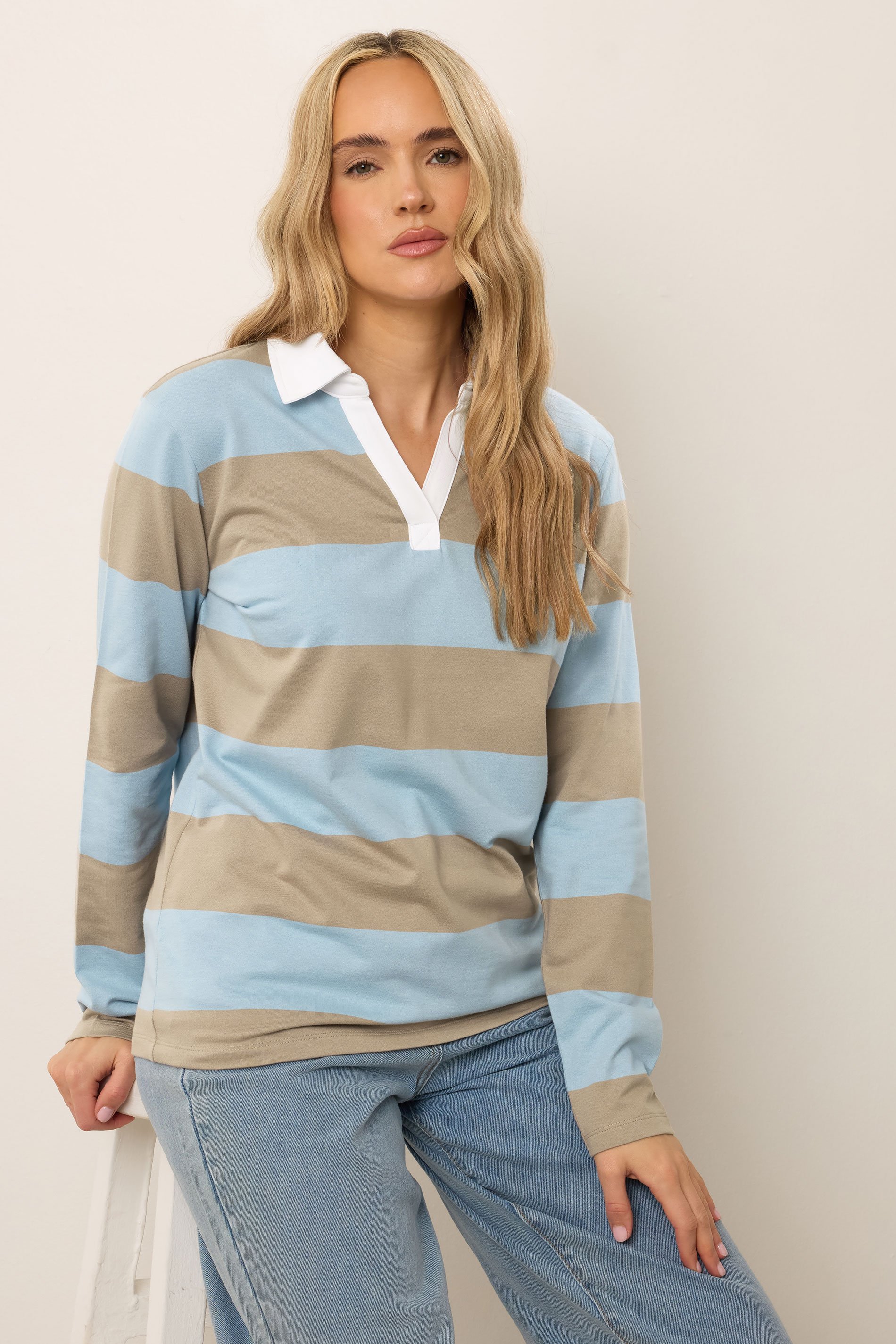 LTS Tall Light Blue & Brown Stripe Rugby Sweatshirt | Long Tall Sally 2