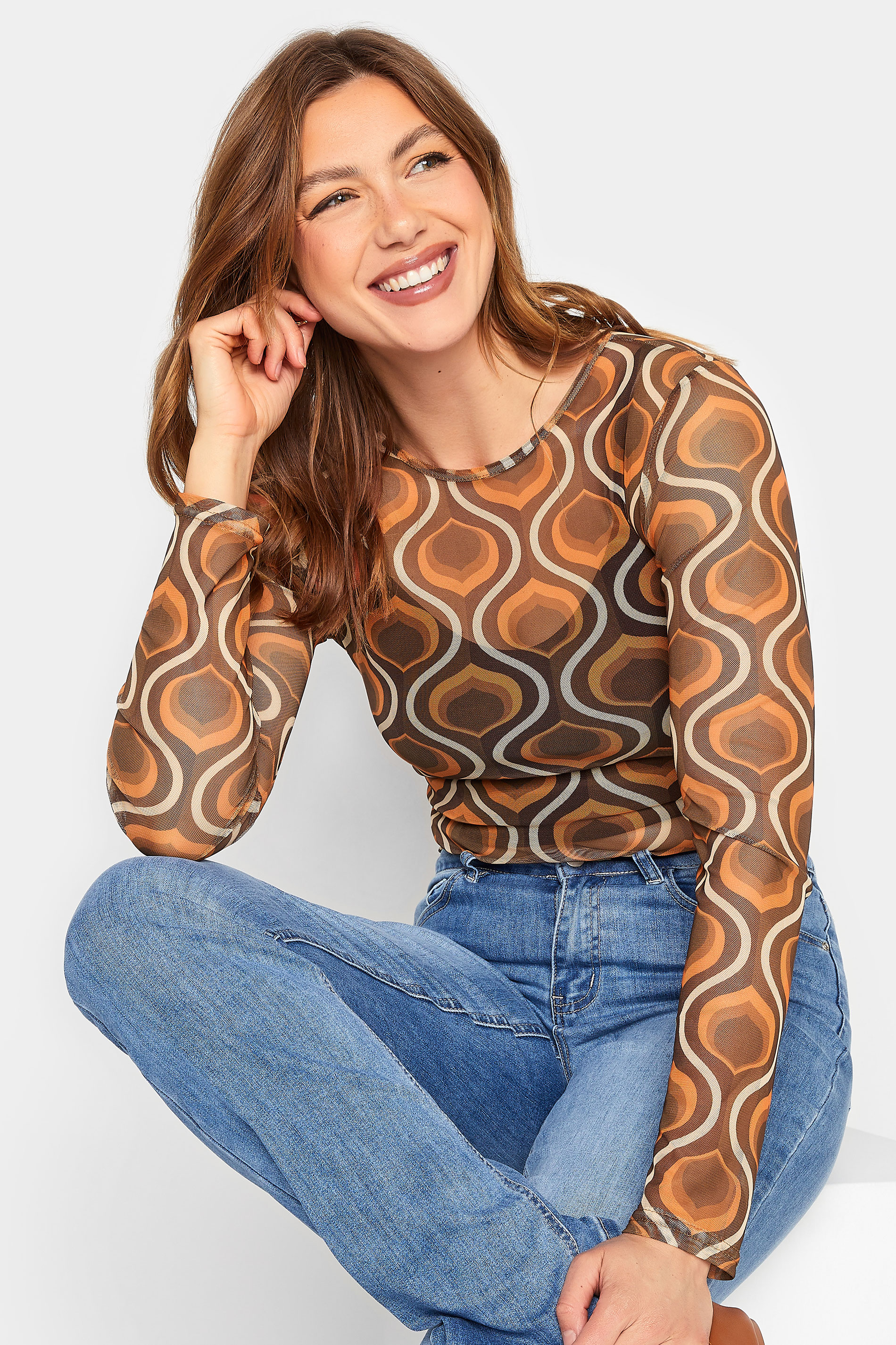 LTS Tall Brown Geometric Print Mesh Top | Long Tall Sally 1