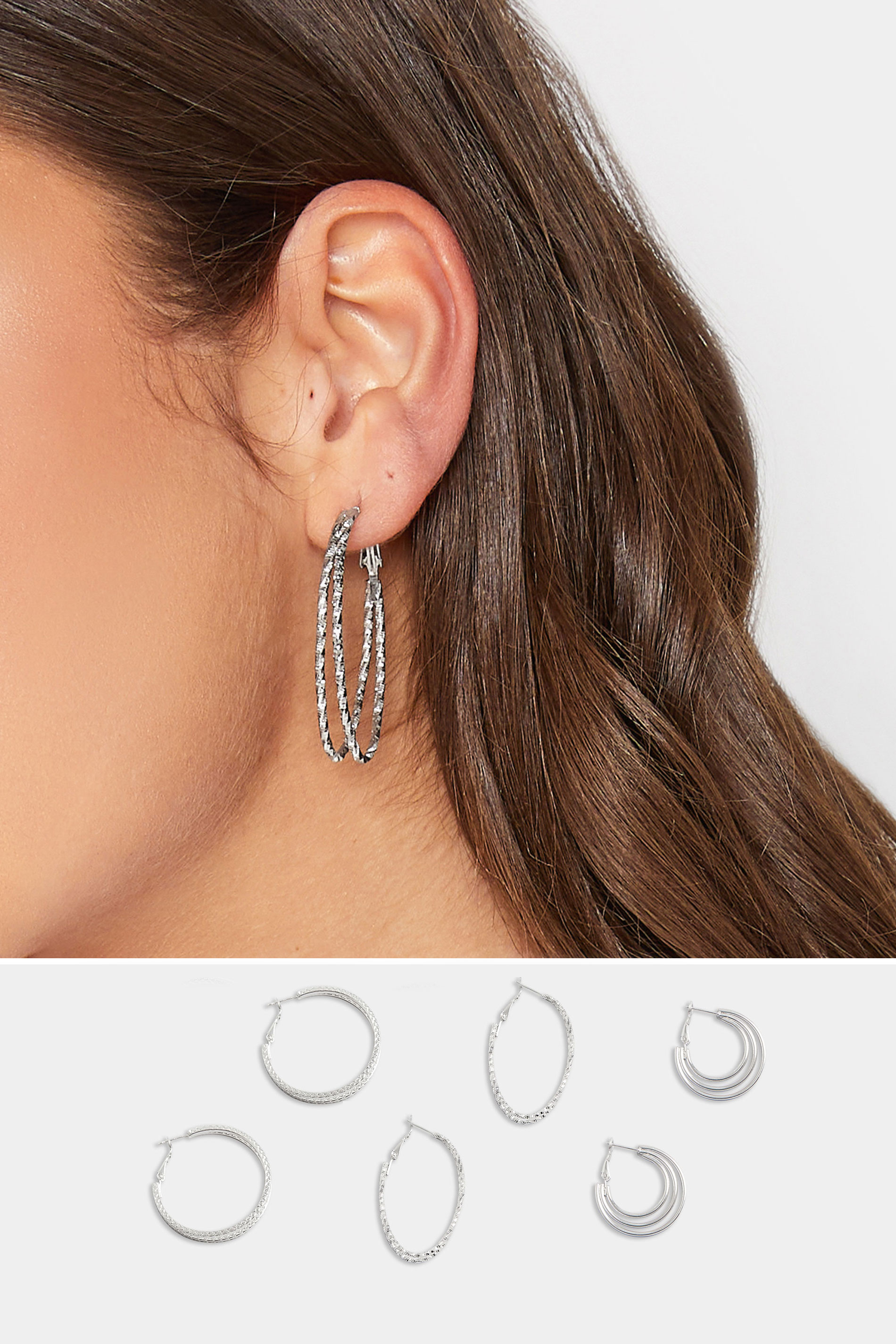 3 PACK Silver Tone Textured Hoop Earring Set | Yours Clothing 1