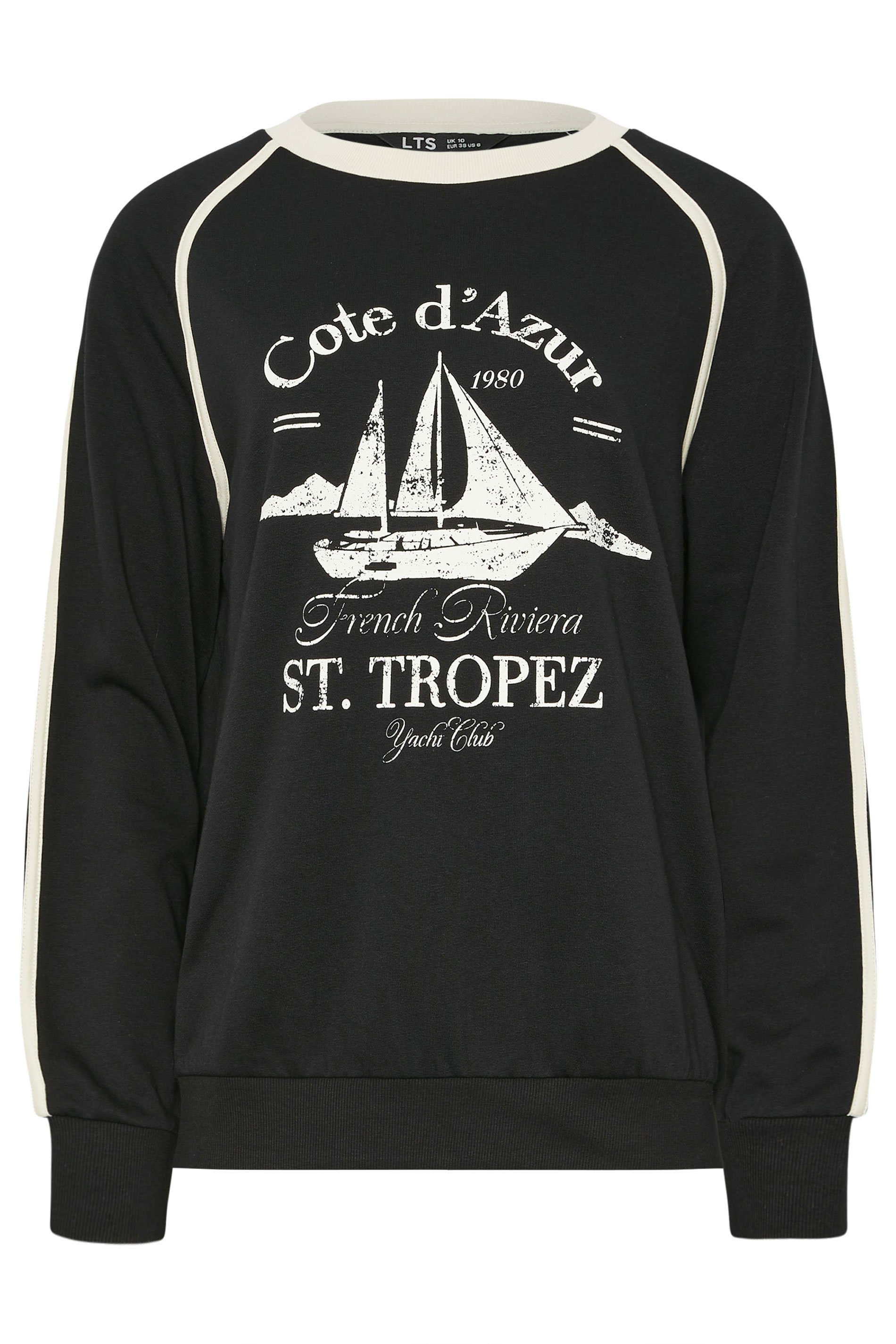 LTS Tall Black 'Cote d'Azur' Slogan Pipe Detail Sweatshirt | Long Tall Sally  1