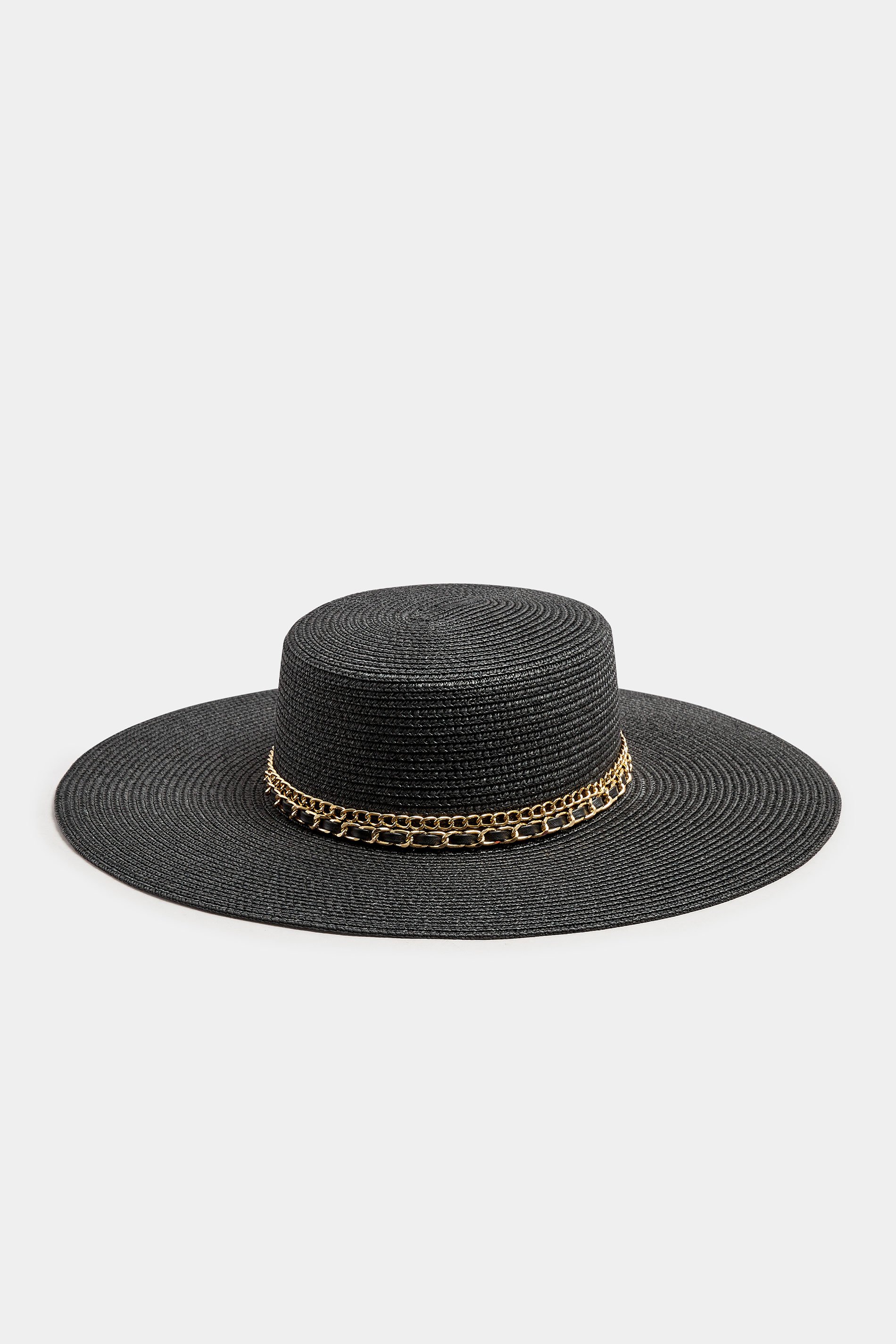 Black Chain Wide Brim Straw Hat | Yours Clothing 2
