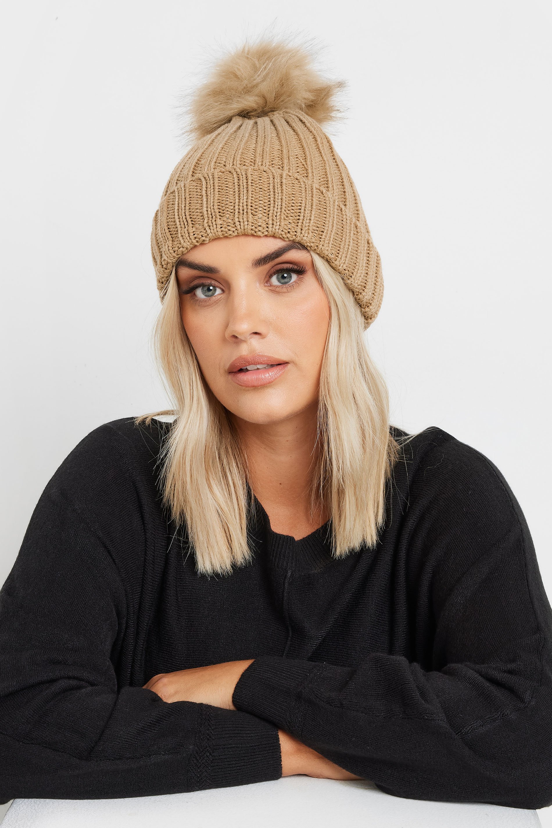 Beige Brown Faux Fur Pom Pom Bobble Hat | Yours Clothing 1