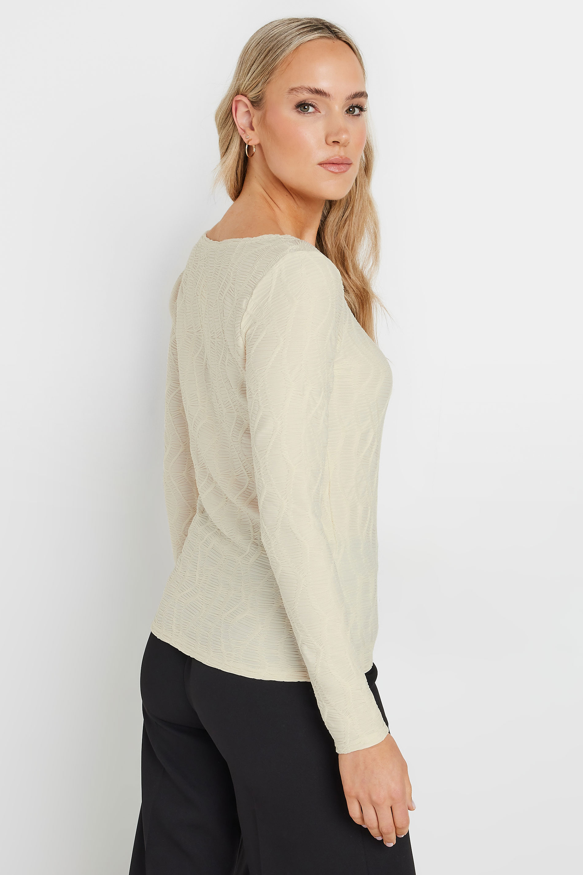 LTS Tall Ivory White Textured Slash Neck Long Sleeve Top | Long Tall Sally 4