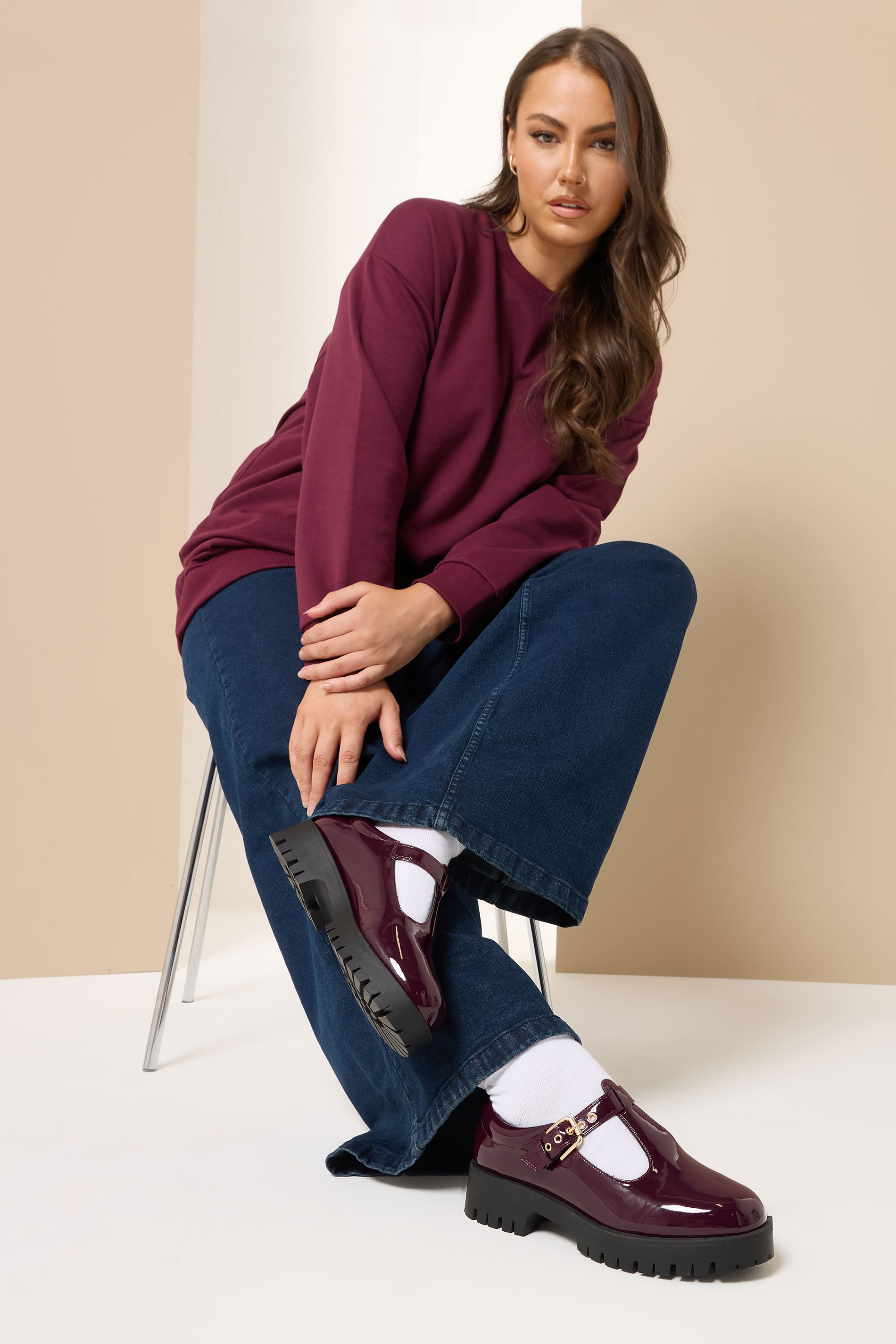 Burgundy Red Patent Chunky T-Bar Mary Janes In Extra Wide EEE Fit | Yours Clothing 1