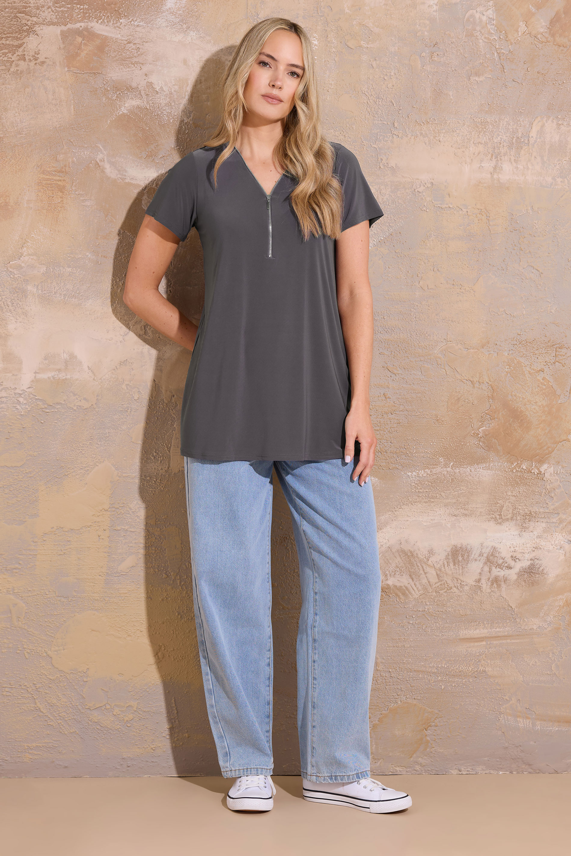 LTS Tall Women's Charcoal Grey Zip Detail T-Shirt | Long Tall Sally 2