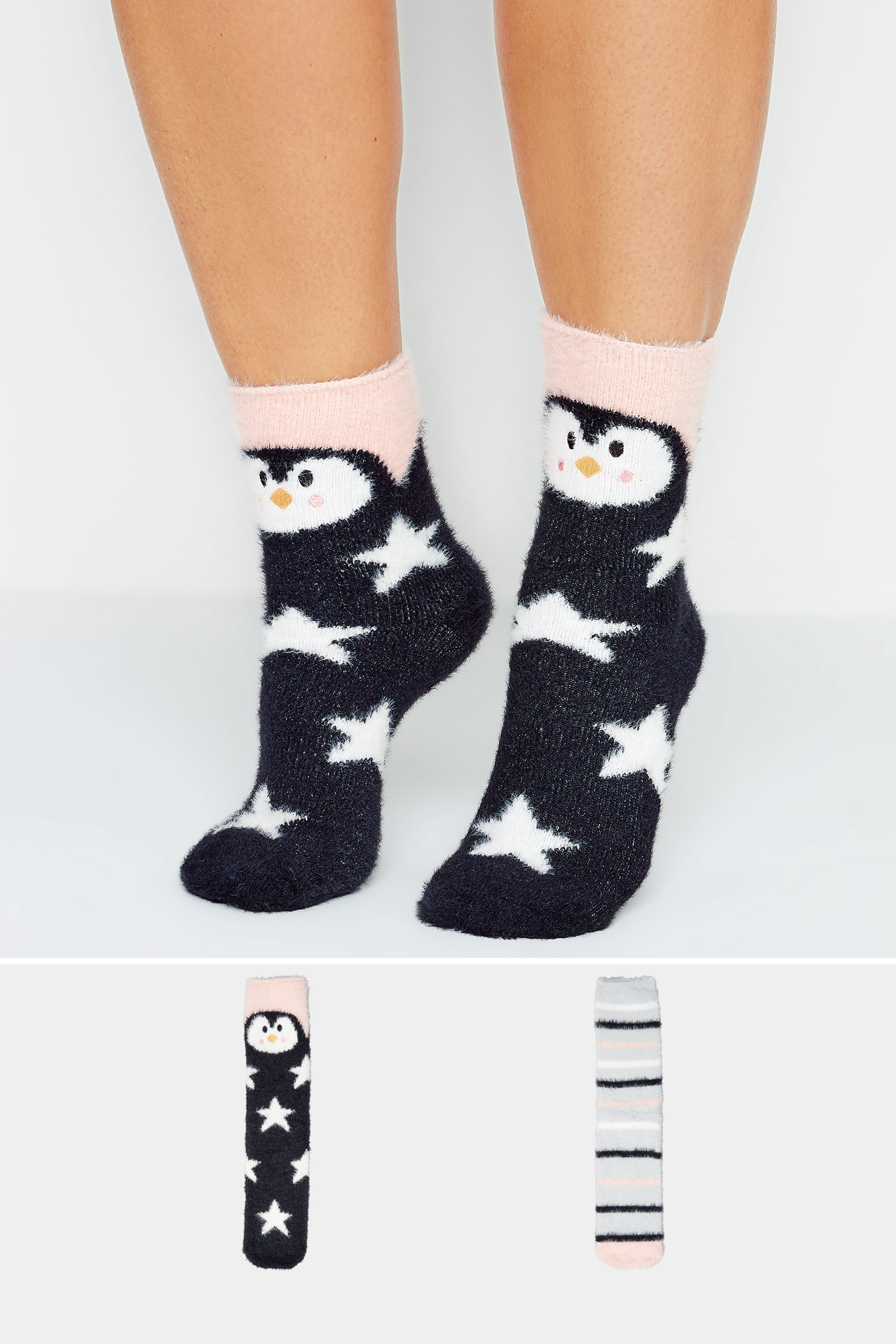 YOURS 2 PACK Black Star & Stripe Print Cosy Ankle Socks | Yours Clothing 1
