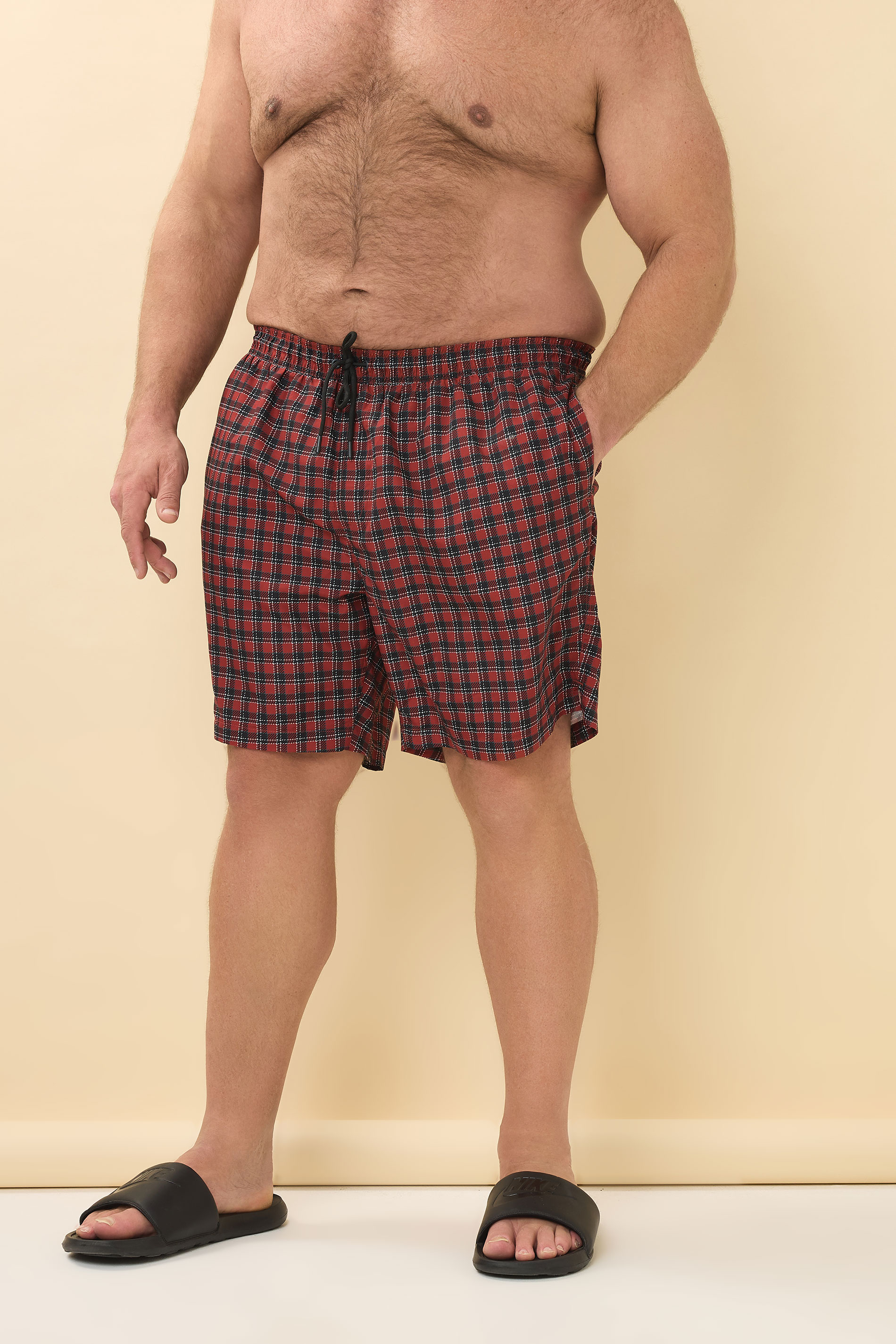 BadRhino Big & Tall Red & Black Tartan Swim Shorts | BadRhino 2