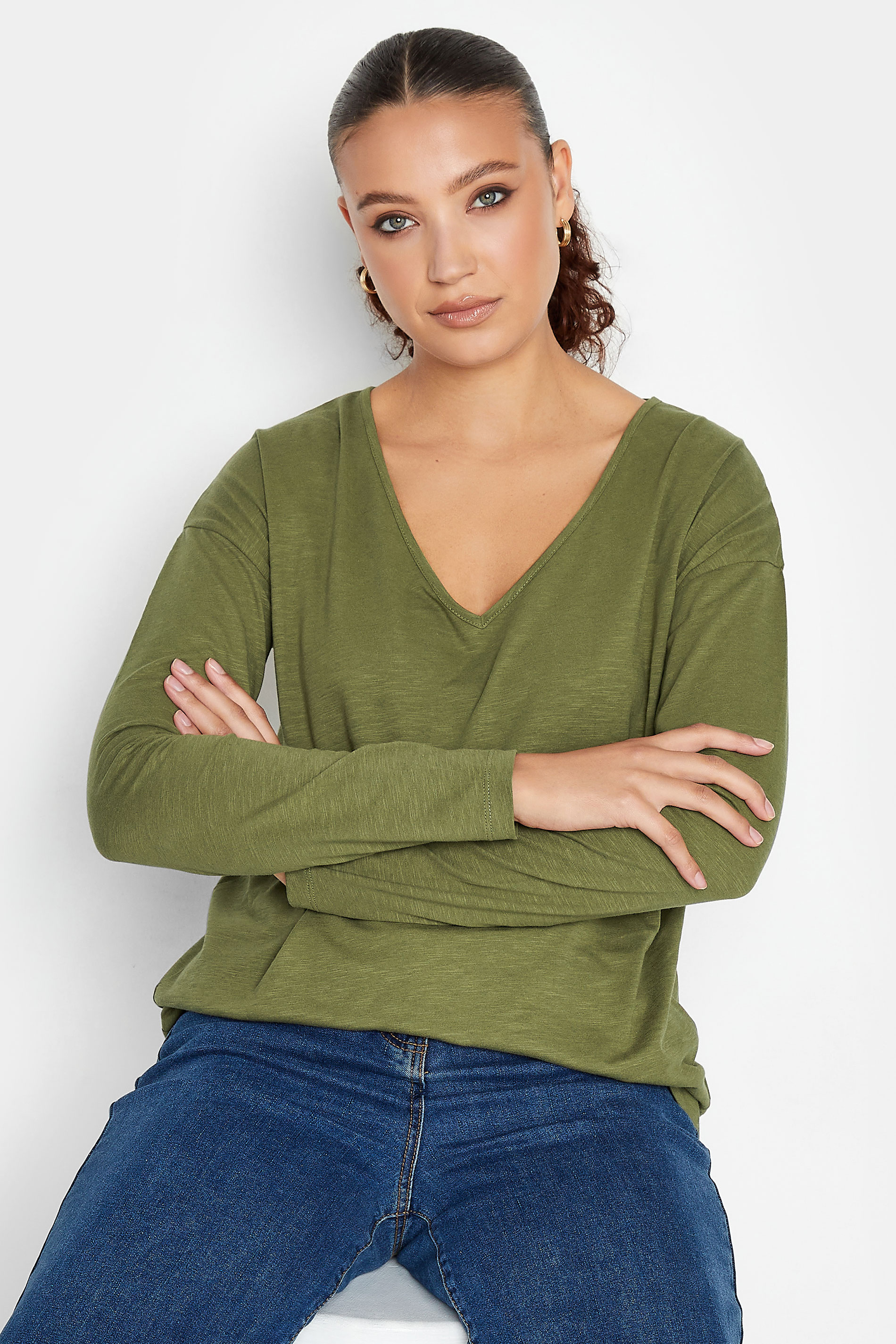 LTS Tall Khaki Green V-Neck Long Sleeve Cotton T-Shirt | Long Tall Sally 1
