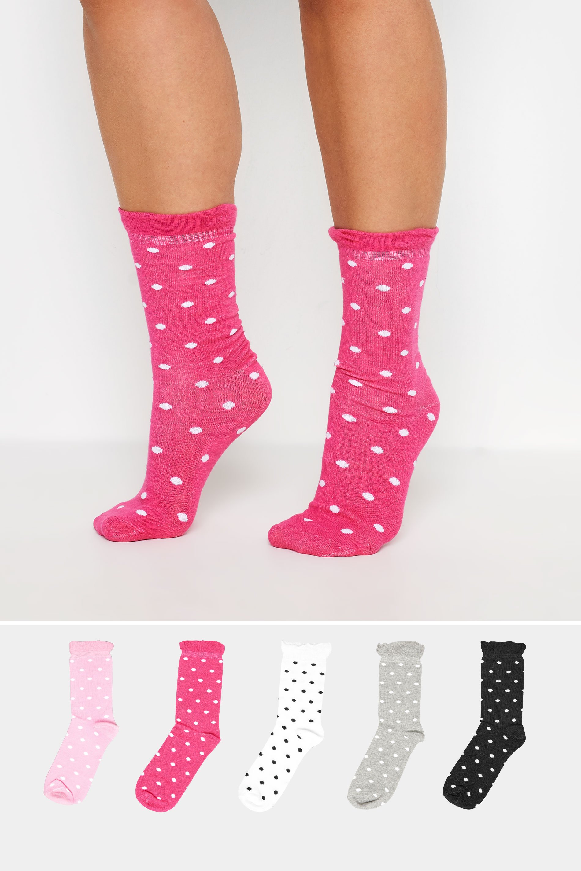 YOURS 5 PACK Plus Size Pink & Black Polka Dot Ankle Socks | Yours Clothing 1