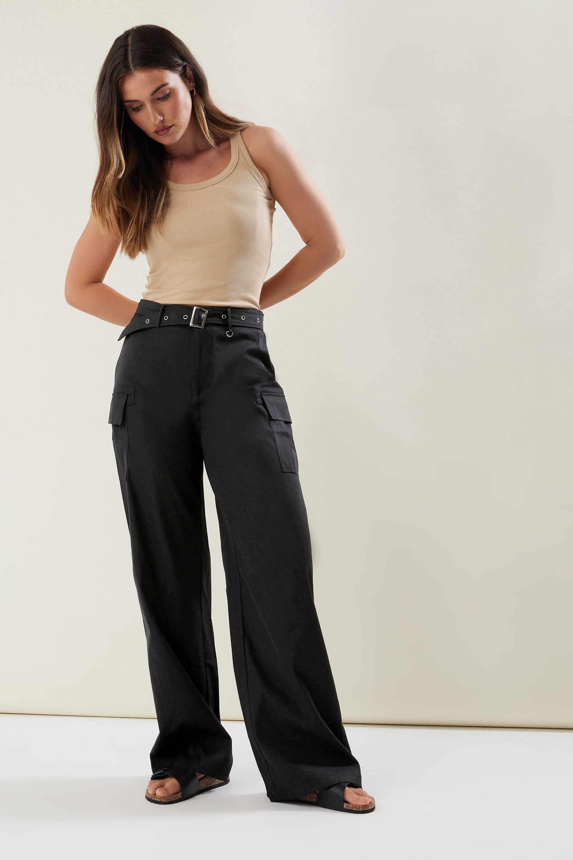 LTS Tall Women's Black Belted Wide Leg Cargo Trousers | Long Tall Sally 2