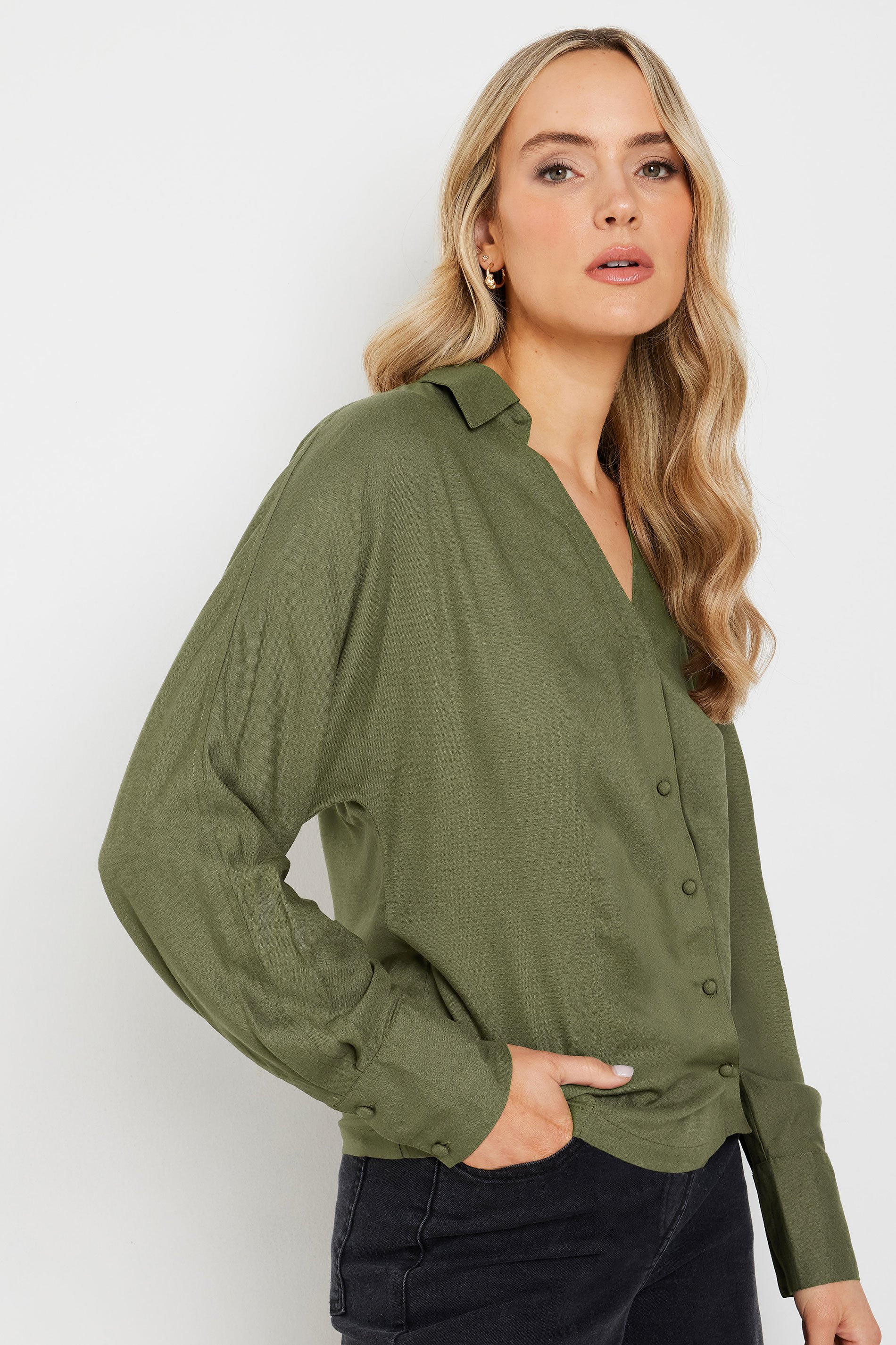 LTS Tall Khaki Green Asymmetric Button Shirt | Long Tall Sally