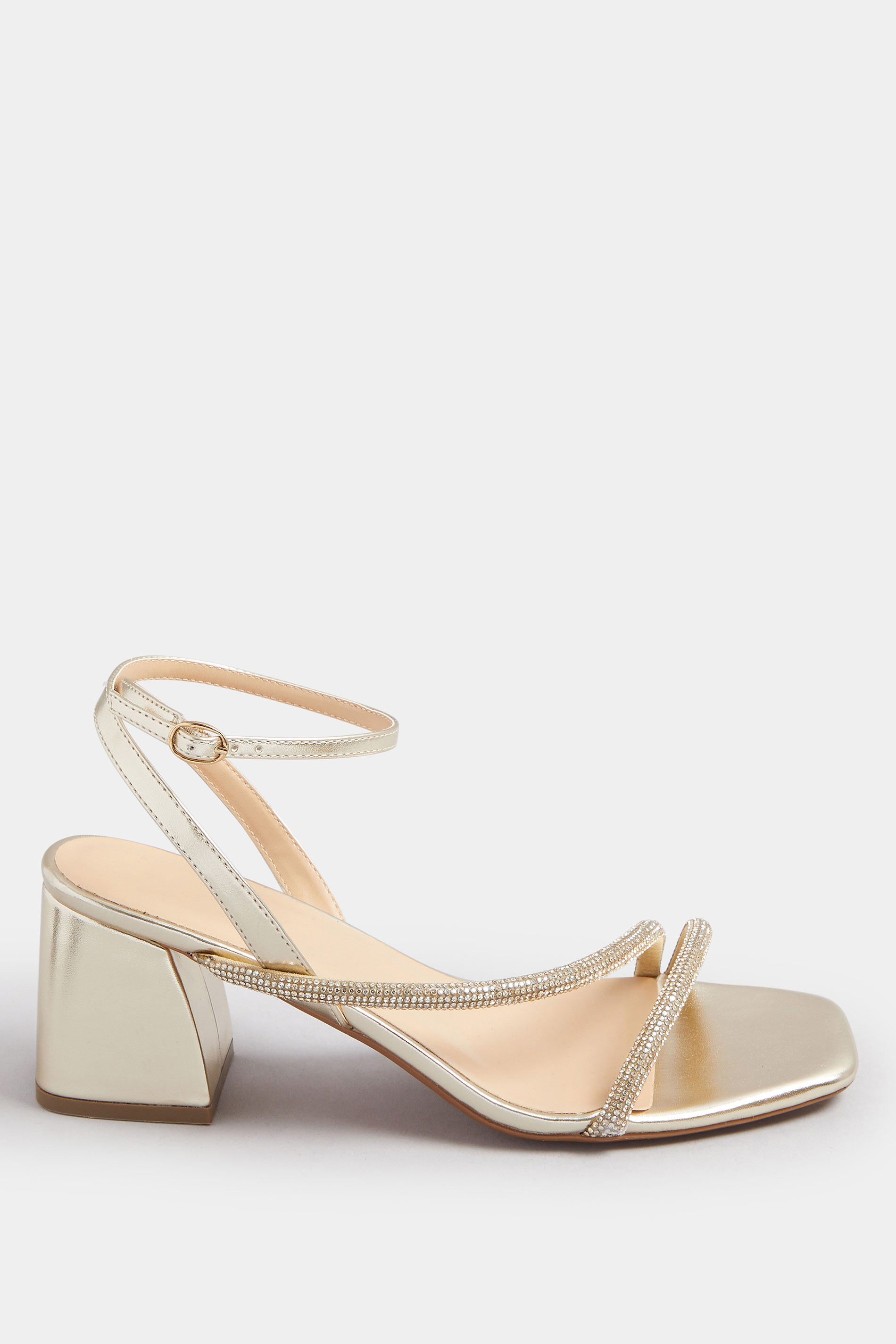 Gold Diamante Block Heel Sandals In Extra Wide EEE Fit | Yours Clothing 4