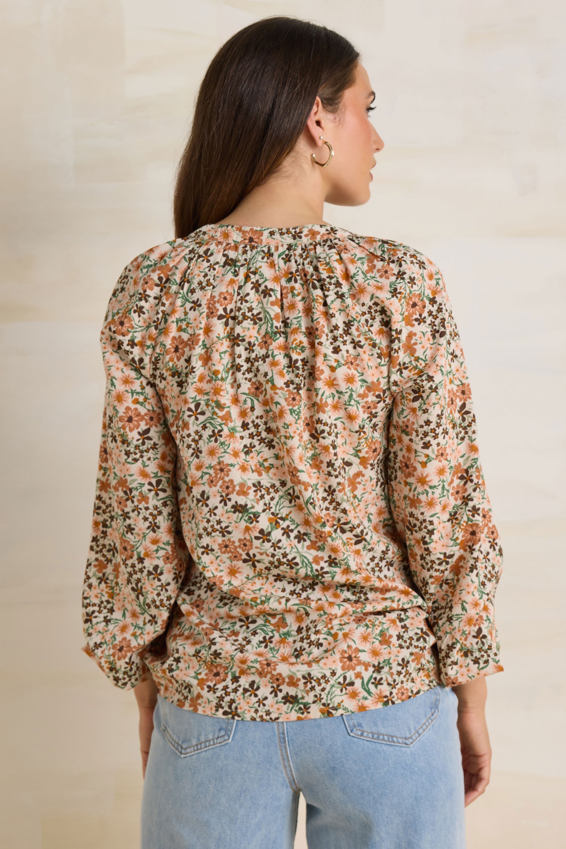 LTS Tall Natural Brown Floral Half Button Blouse | Long Tall Sally 3