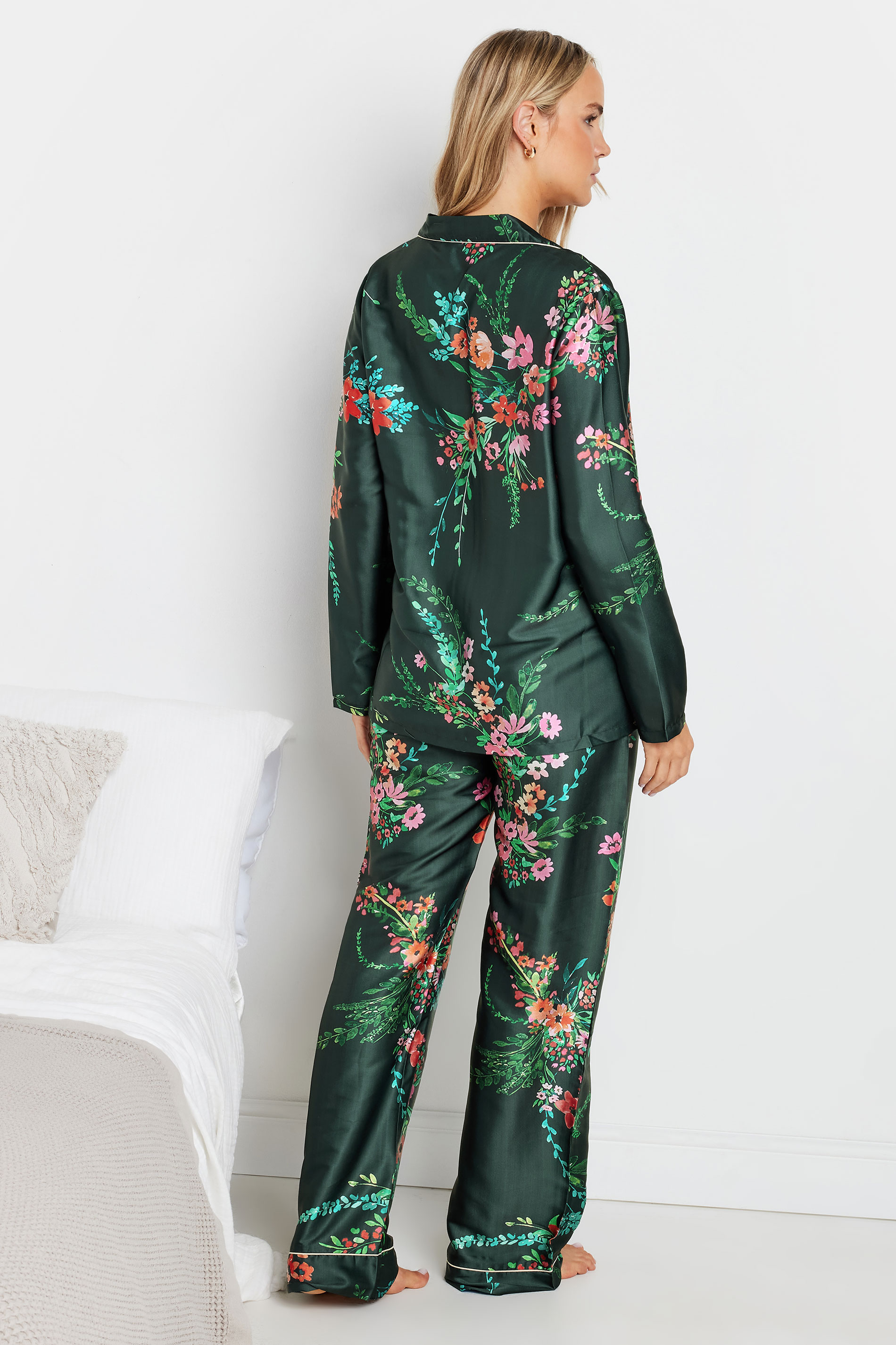 LTS Tall Dark Green Floral Satin Button Pyjama Set | Long Tall Sally 3