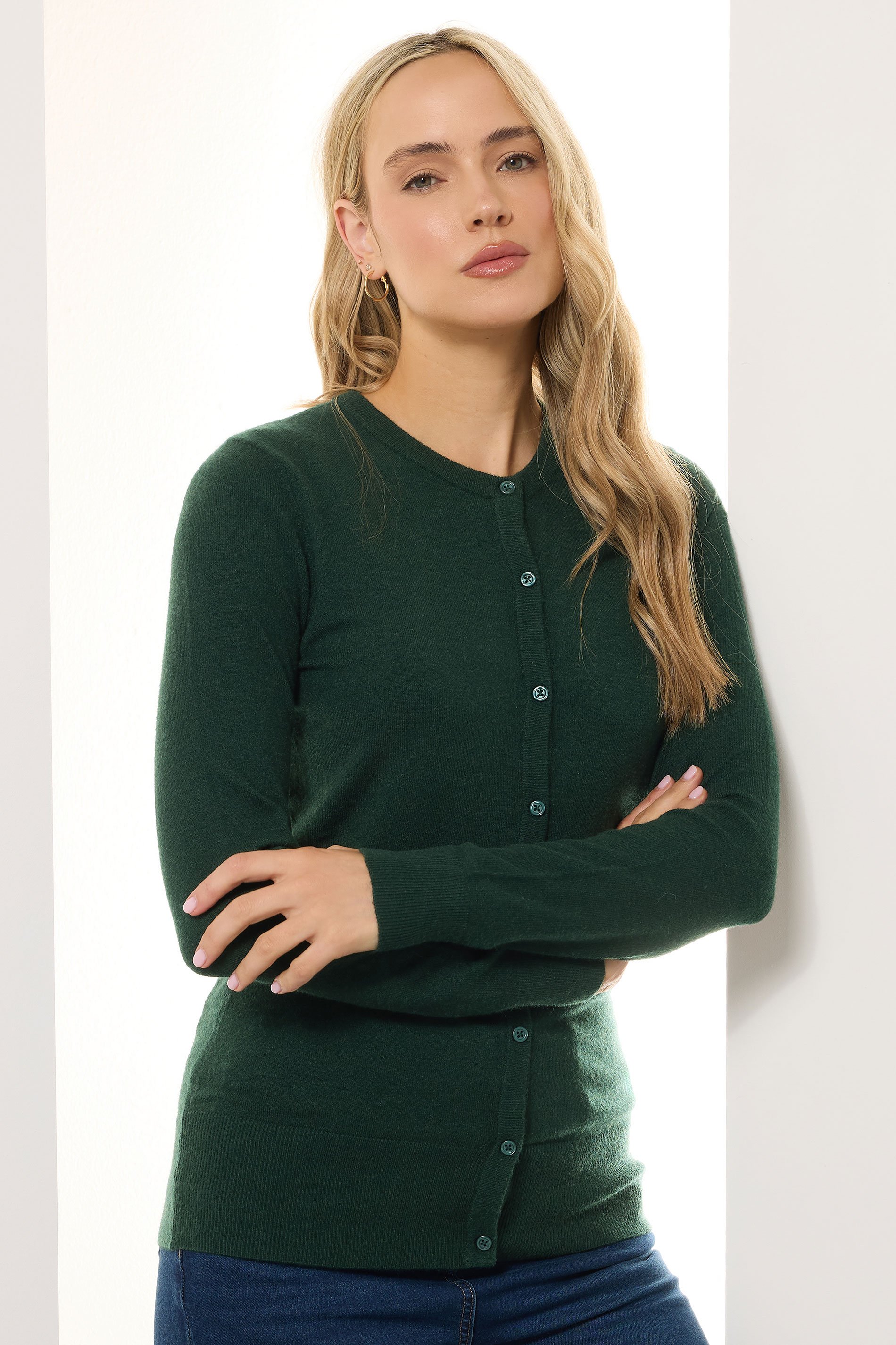 LTS Tall Dark Green Crew Neck Button Cardigan | Long Tall Sally 1