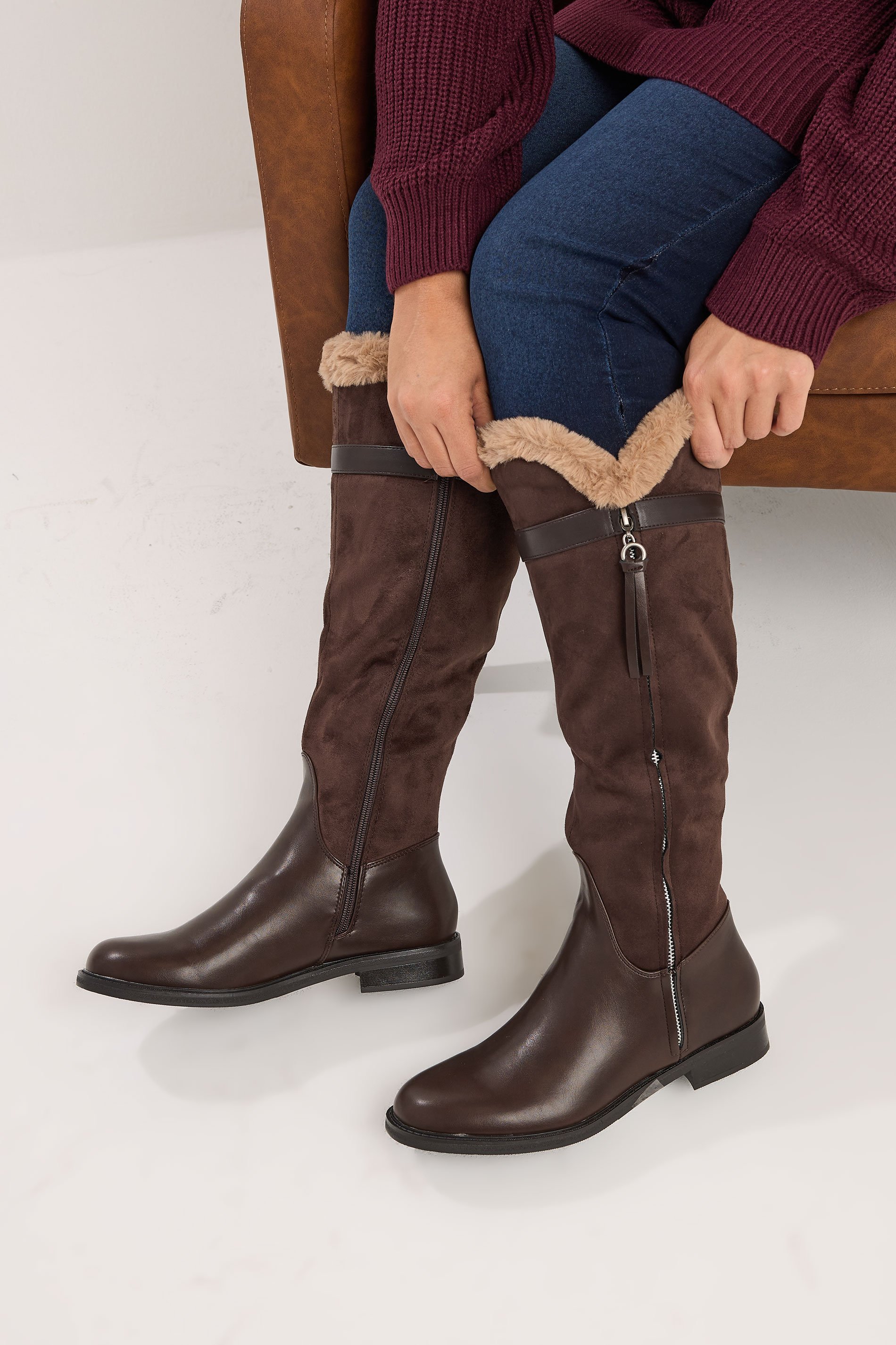 Chocolate Brown Faux Suede Lined Knee High Boots In Standard Fit | Yours Clothing 1