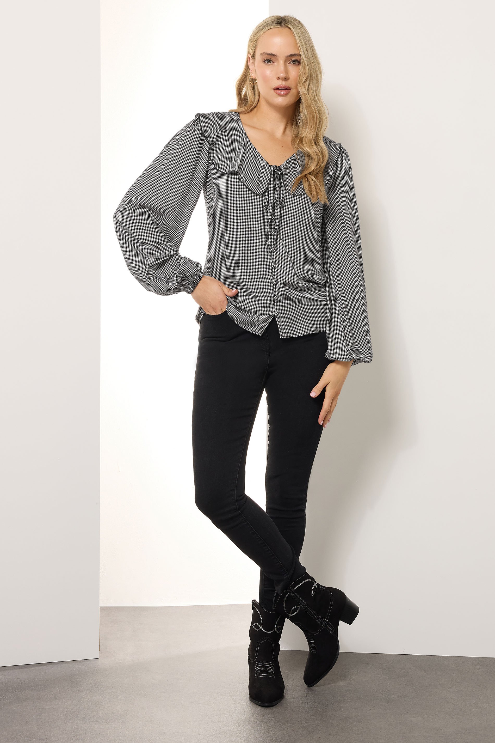 LTS Tall Black Cotton Gingham Check Collar Shirt | Long Tall Sally 4