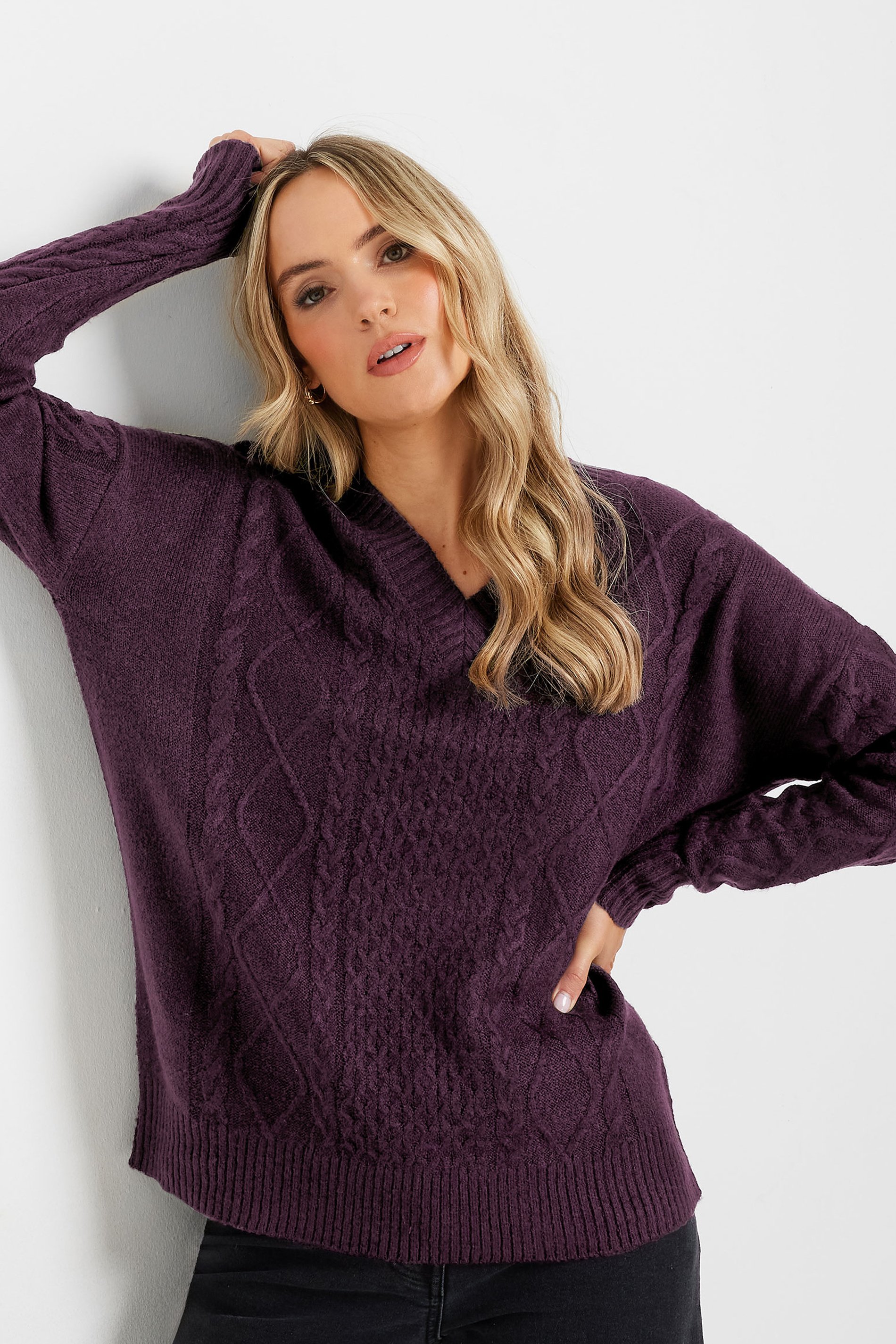 LTS Tall Dark Purple Cable Knit V-Neck Jumper | Long Tall Sally 2