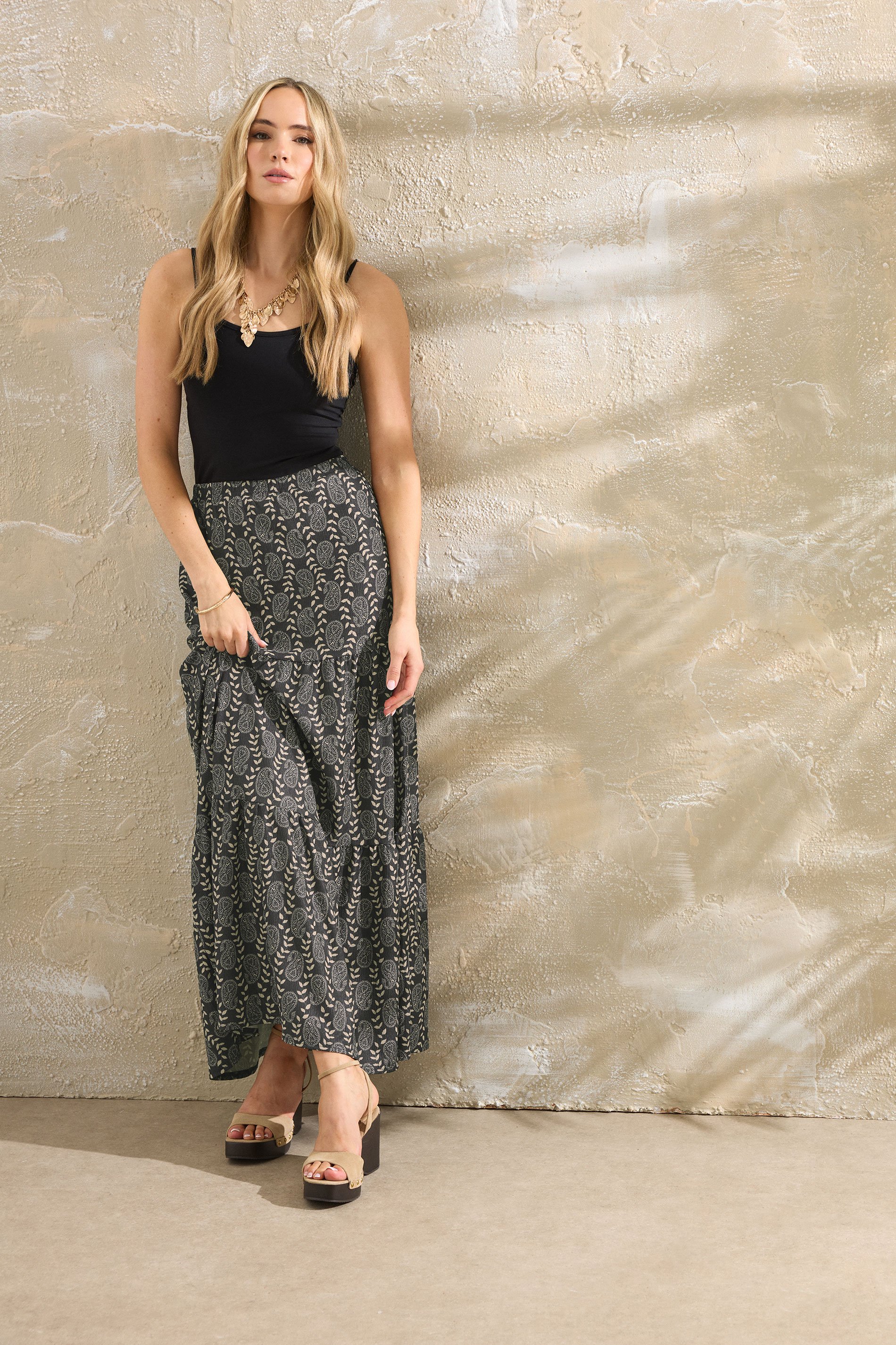 LTS Tall Black Geometric Tiered Maxi Skirt | Long Tall Sally 1