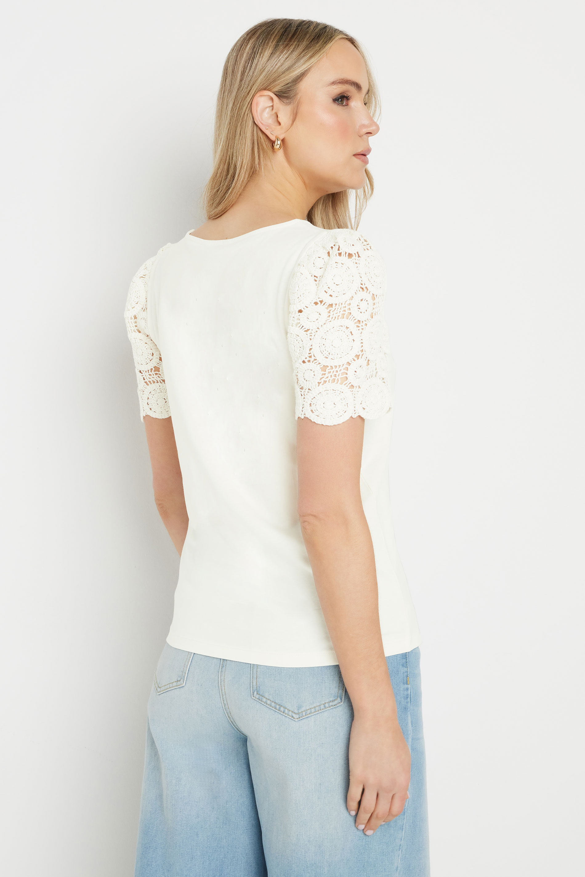 LTS Tall Ivory White Crochet Sleeve T-Shirt | Long Tall Sally 5