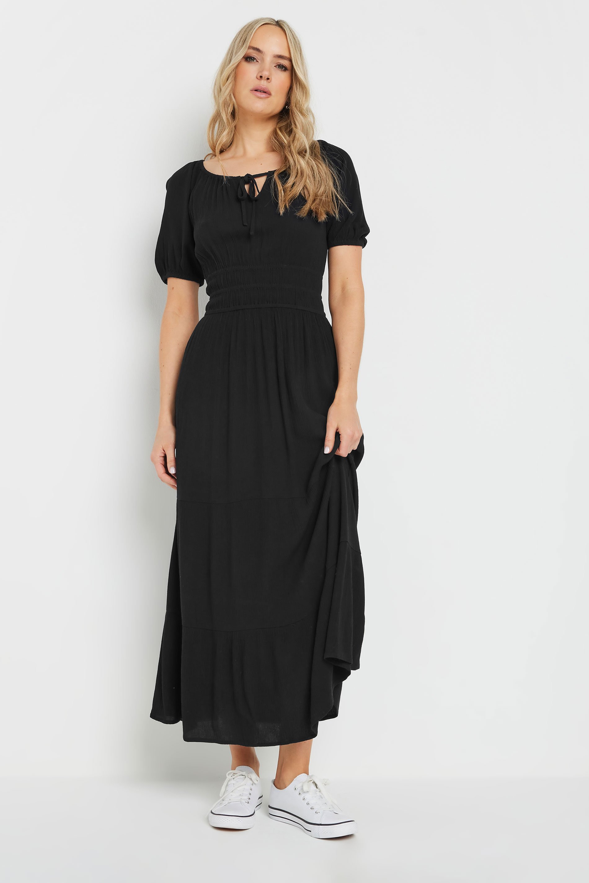 LTS Tall Black Textured Balloon Sleeve Dress | Long Tall Sally 1