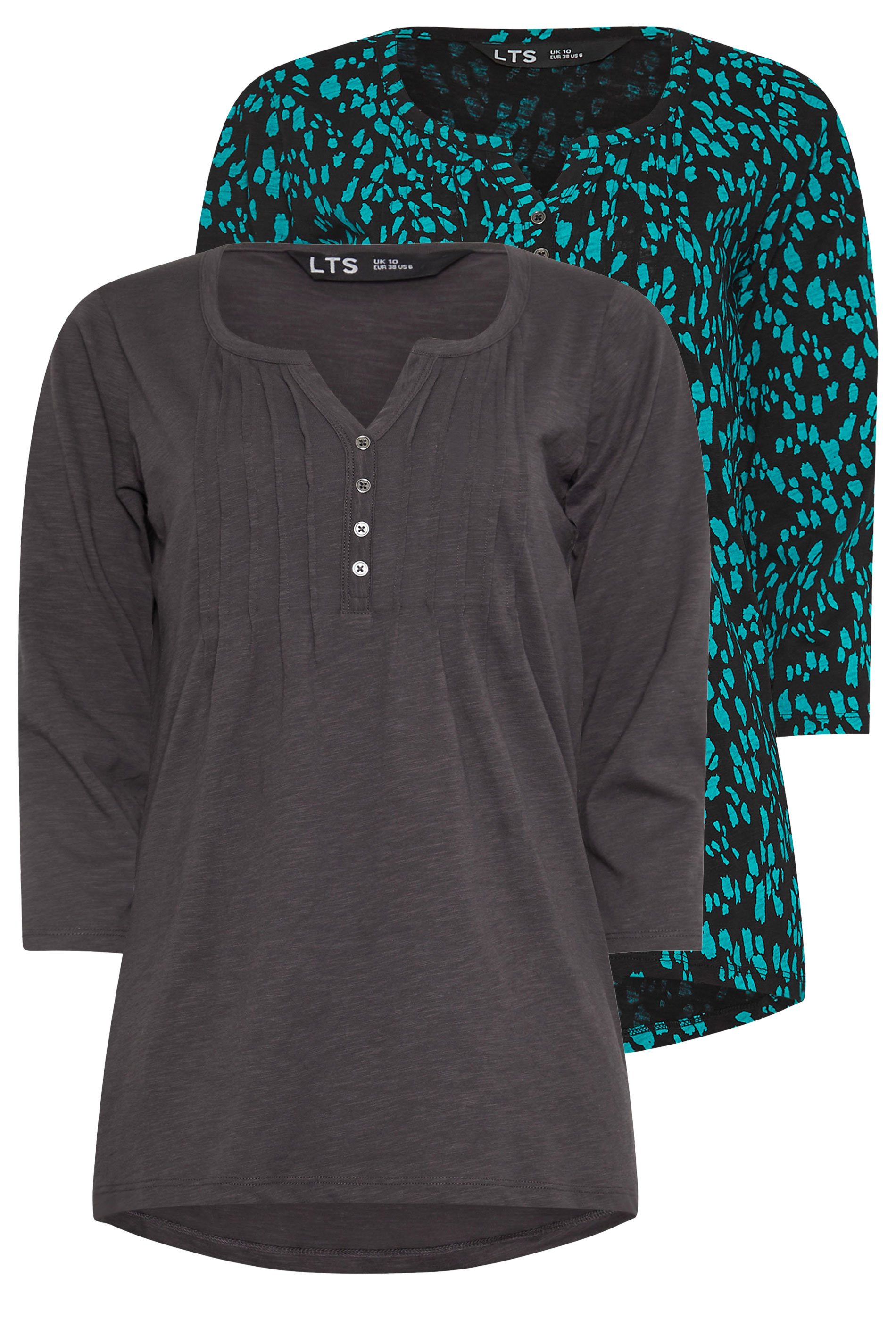 LTS Tall 2 PACK Teal Blue & Grey Henley Tops | Long Tall Sally 7