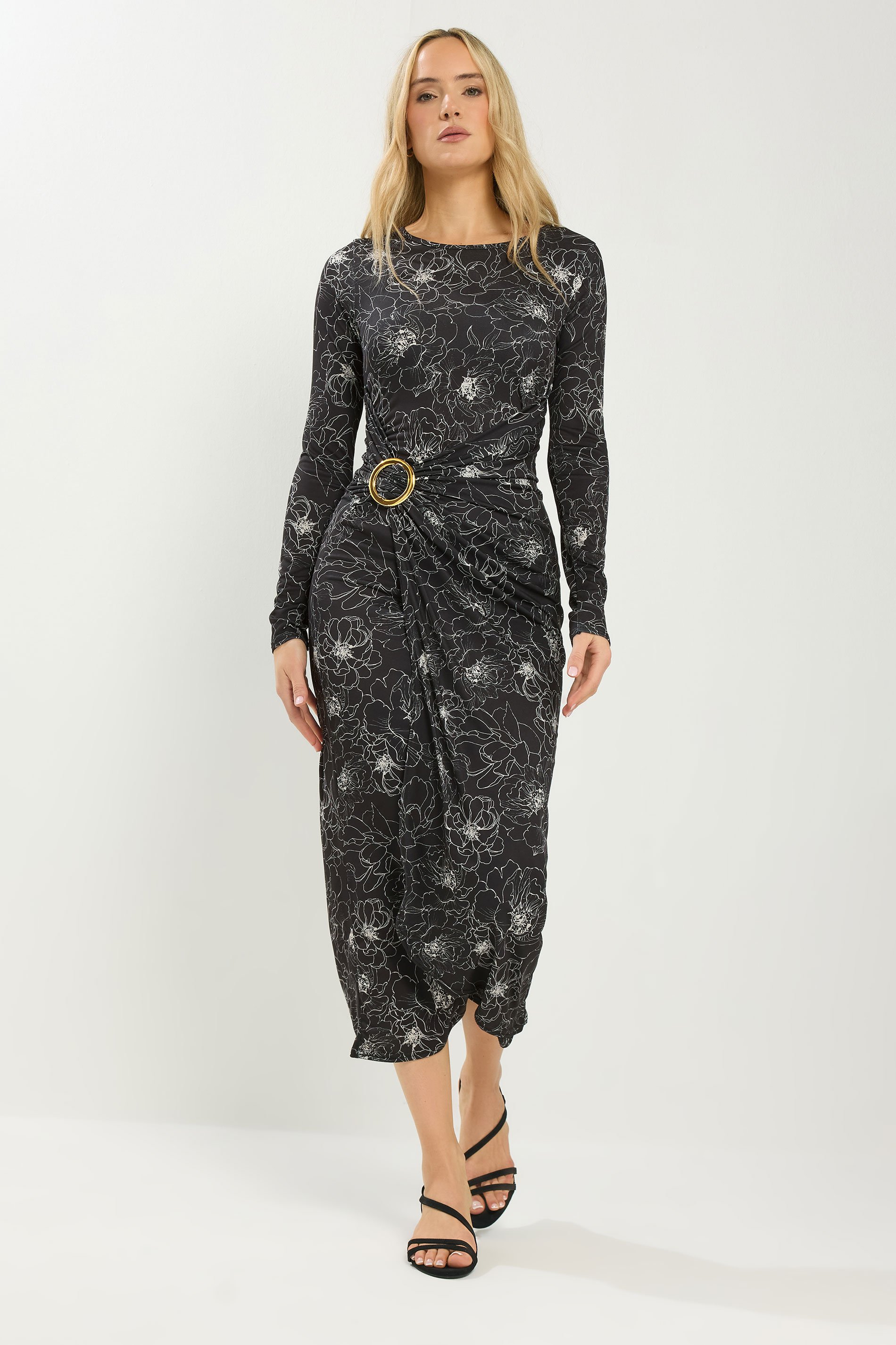 LTS Tall Black Floral Jersey Drape Long Sleeve Buckle Dress | Long Tall Sally 1