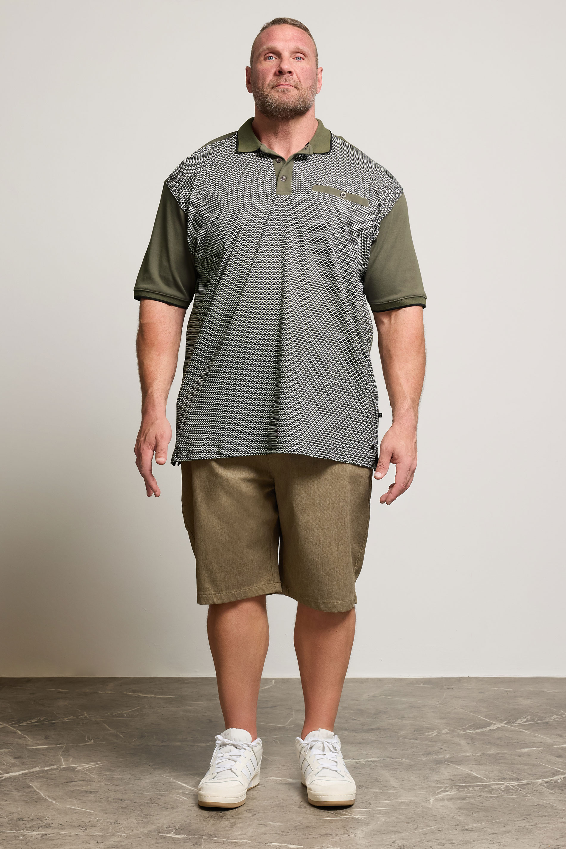 KAM Khaki Green Geometric Print Short Sleeve Polo Shirt | BadRhino 2