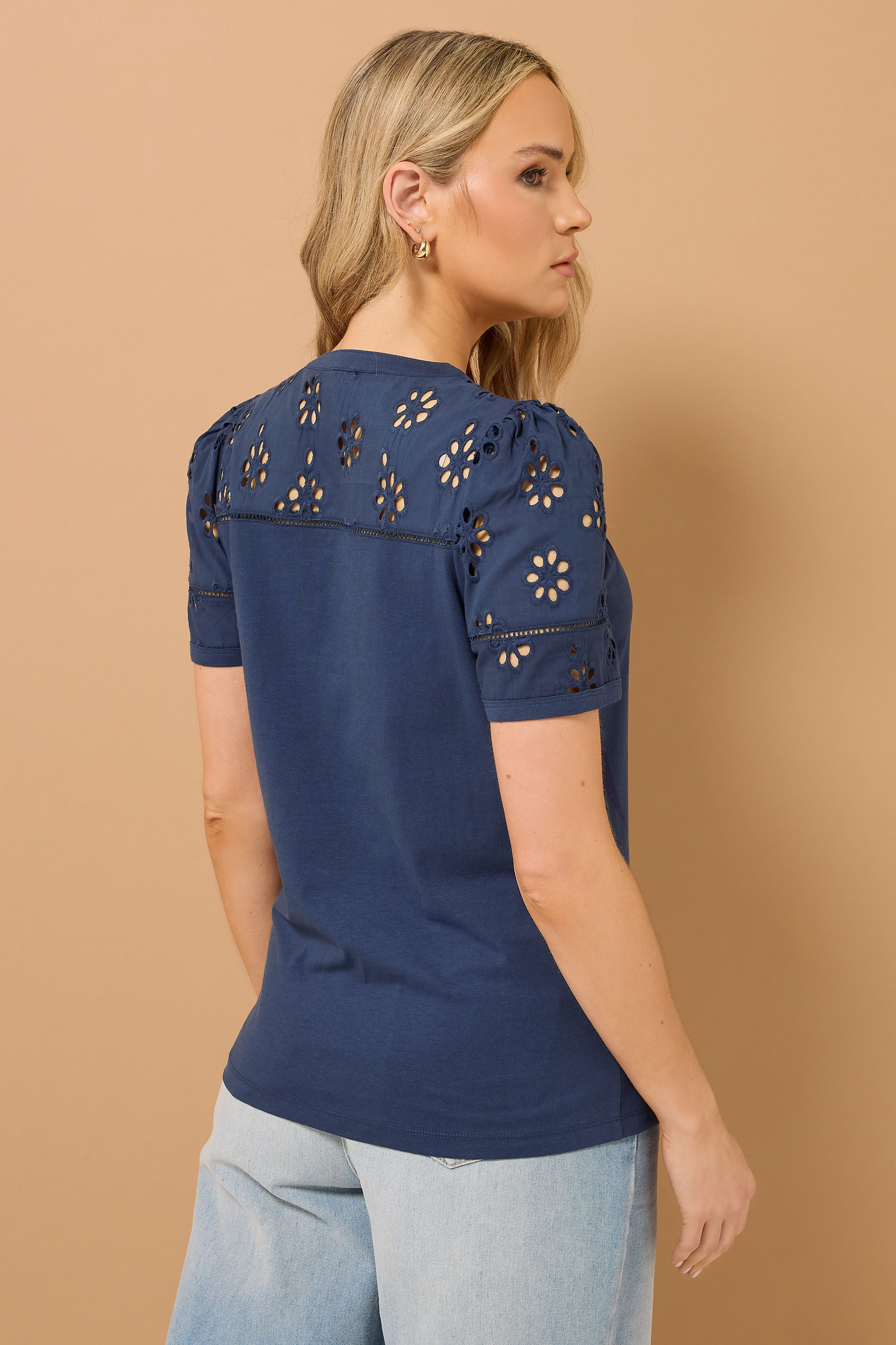 LTS Tall Navy Blue Cotton Broderie Short Sleeve Top | Long Tall Sally 5