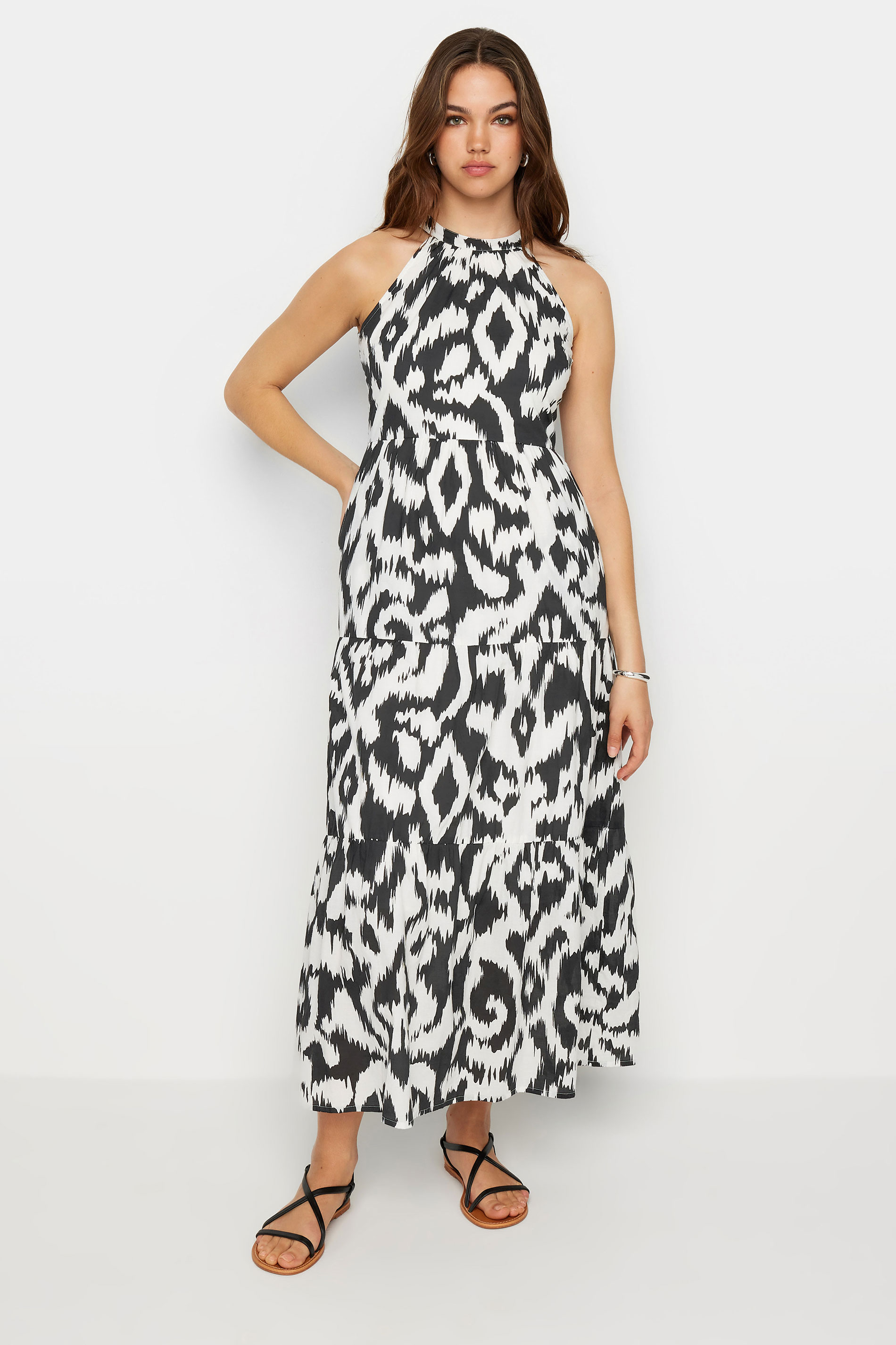 LTS Tall Black & White Cotton Abstract Print Halterneck Dress| Long Tall Sally 3