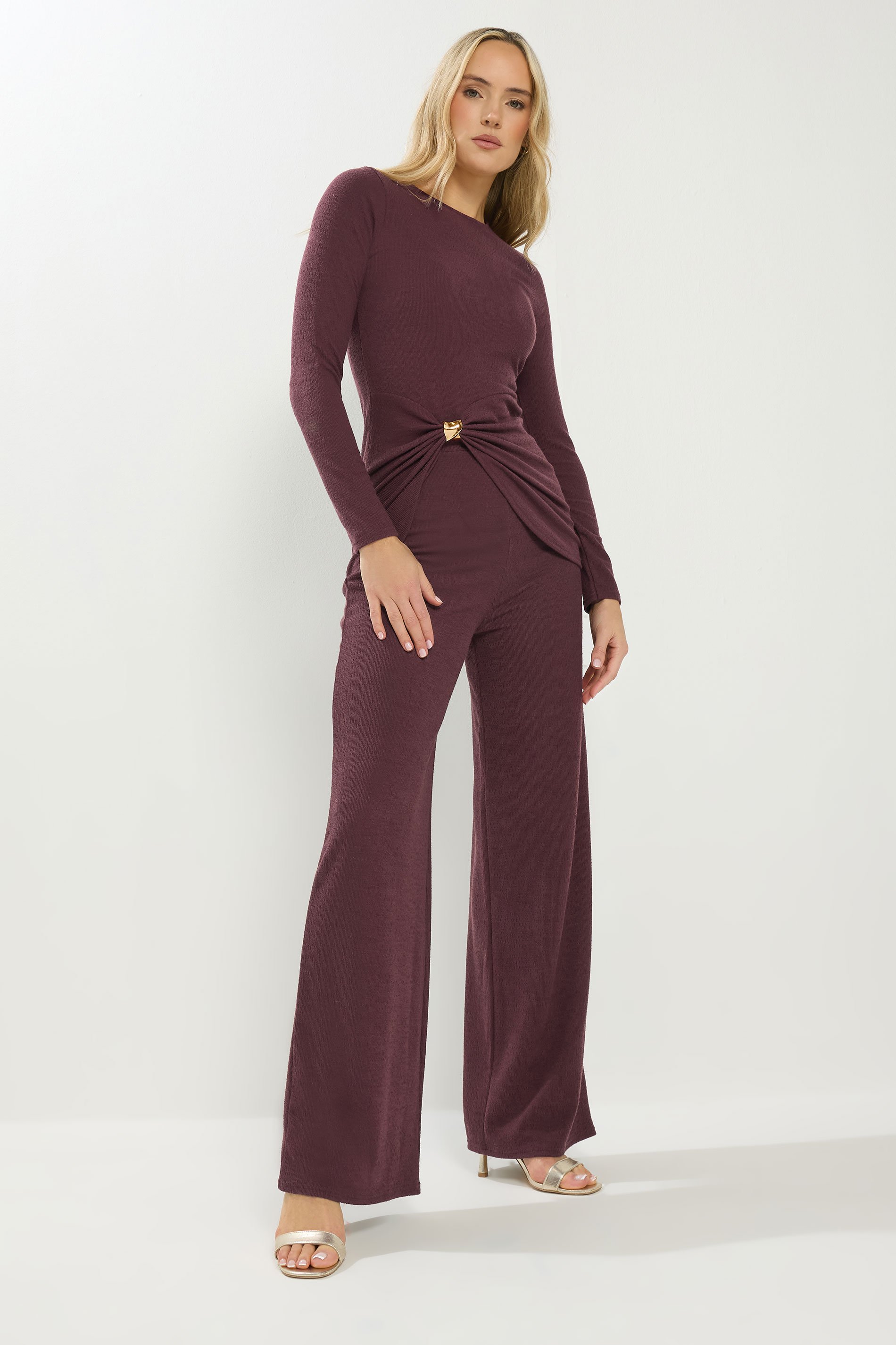 LTS Tall Women's Berry Red Textured Wide Leg Trousers | Long Tall Sally 1