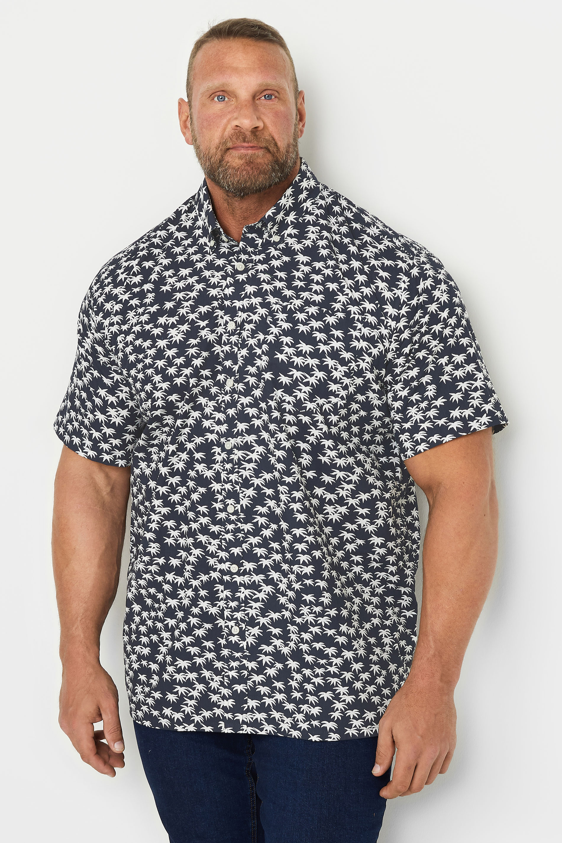 ESPIONAGE Big & Tall Navy Blue Palm Tree Print Shirt | BadRhino 1