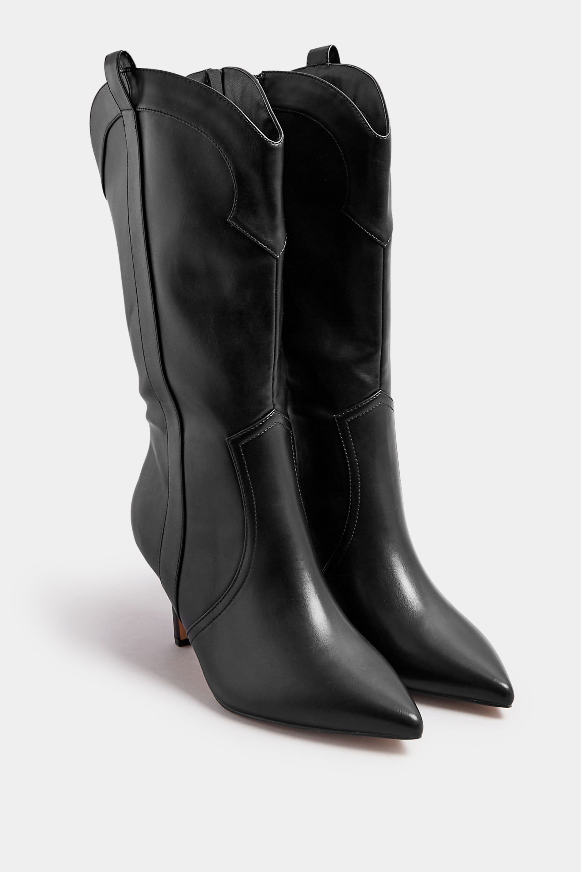Black Faux Leather Heeled Cowboy Boots In Extra Wide EEE Fit | Yours Clothing  2