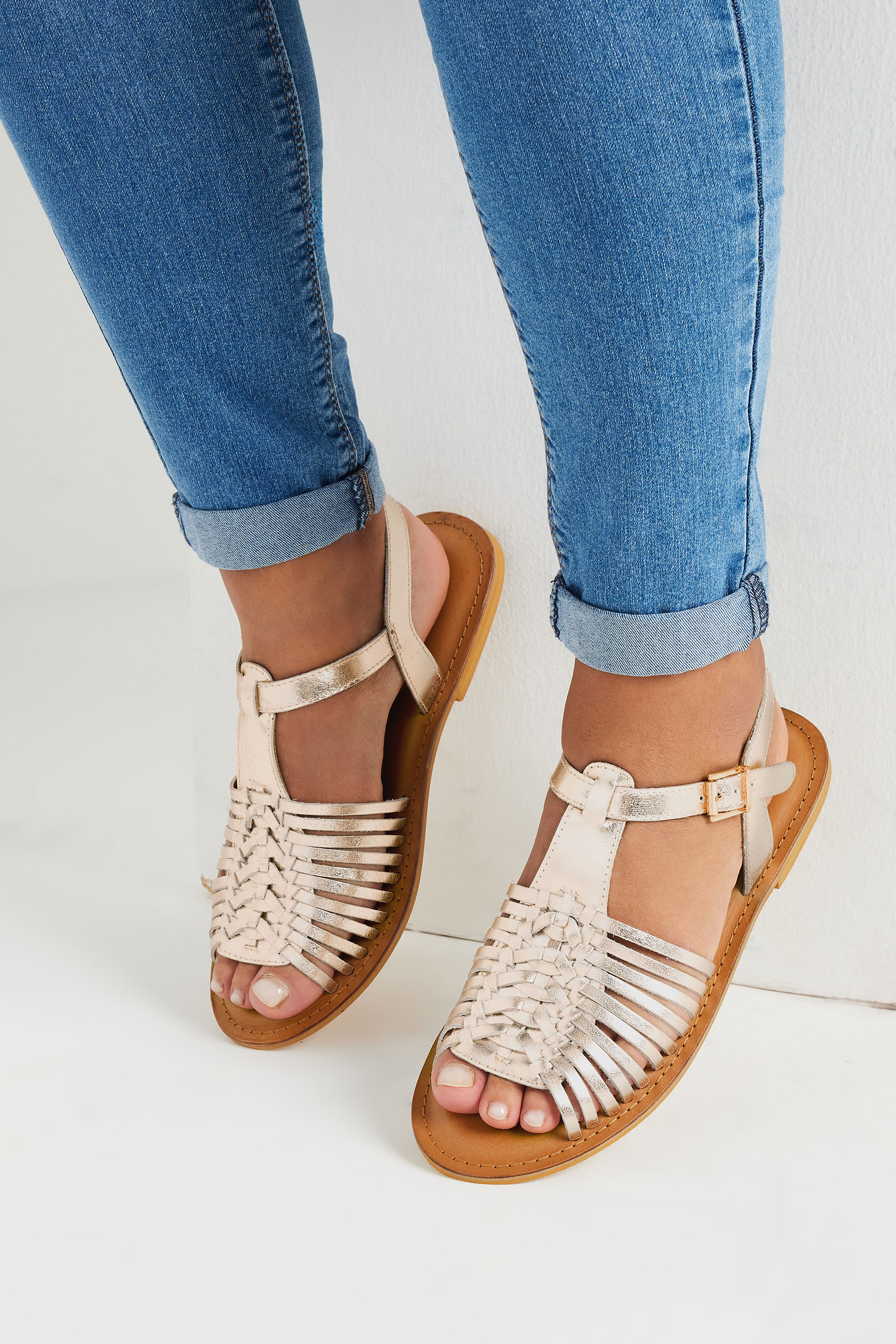 Gold Leather Woven Fisherman Sandals In Extra Wide EEE Fit | Yours Clothing 2