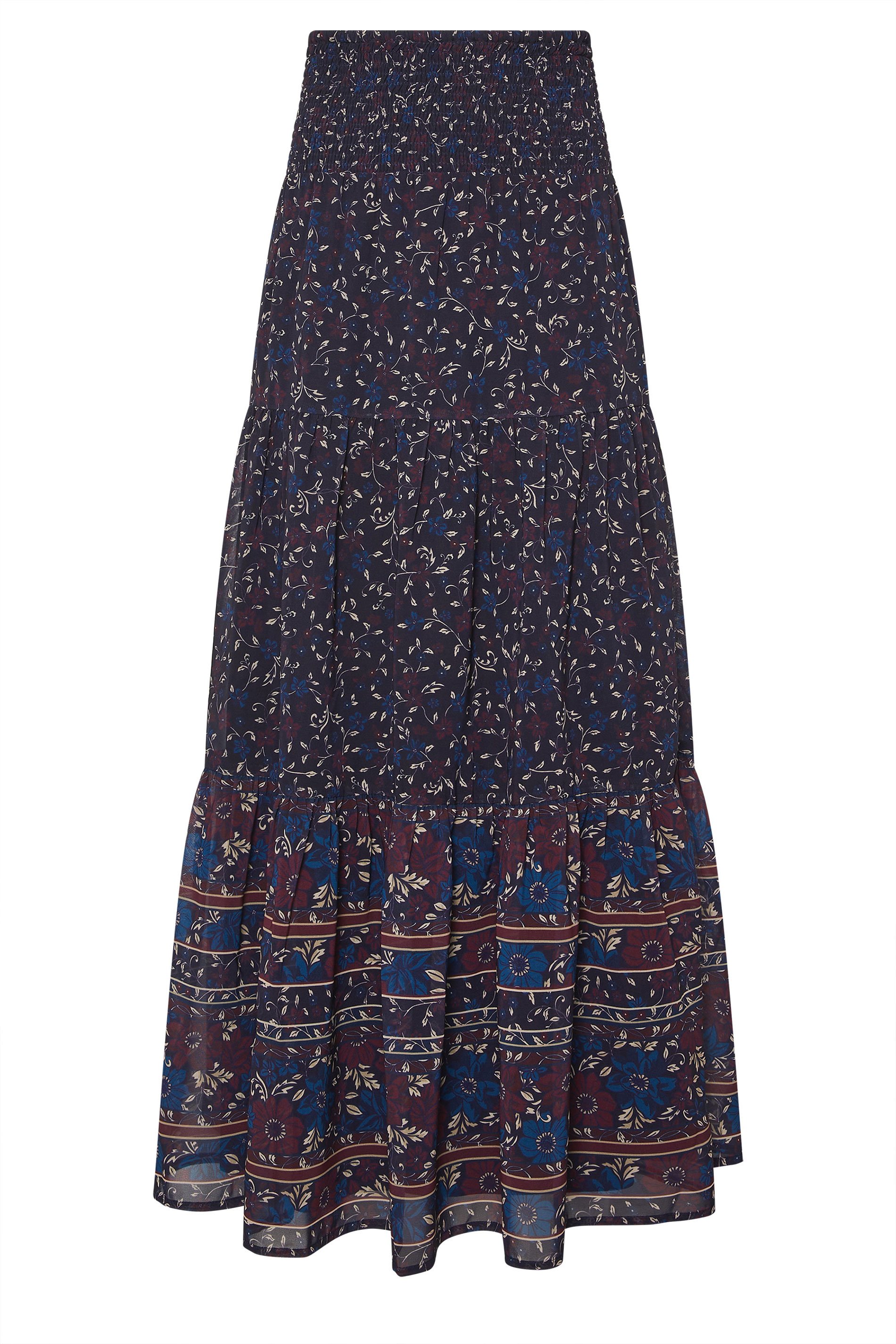 LTS Tall Navy Blue Floral Border Tiered Maxi Skirt | Long Tall Sally 5
