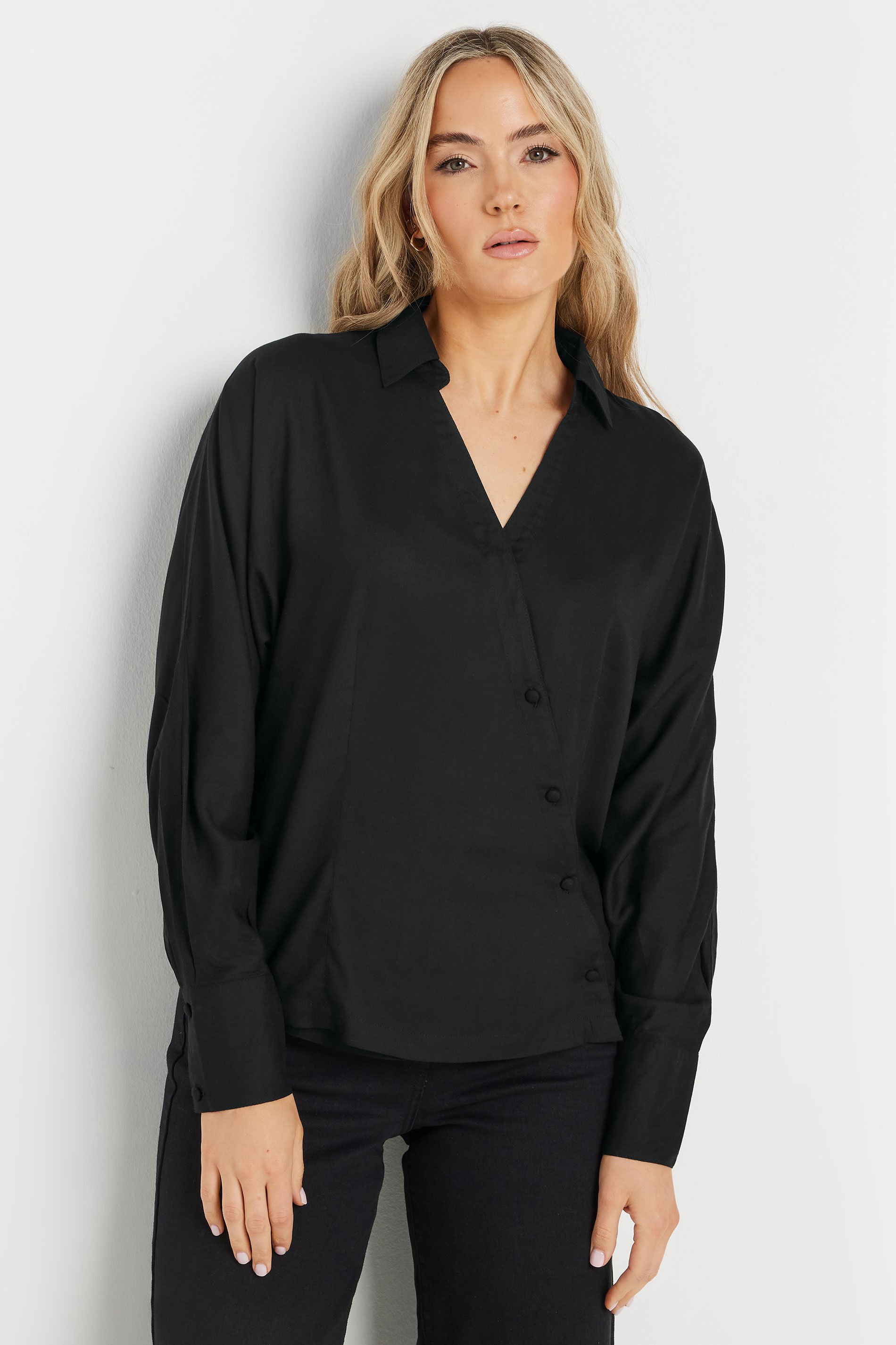 LTS Tall Black Asymmetric Button Shirt | Long Tall Sally 1