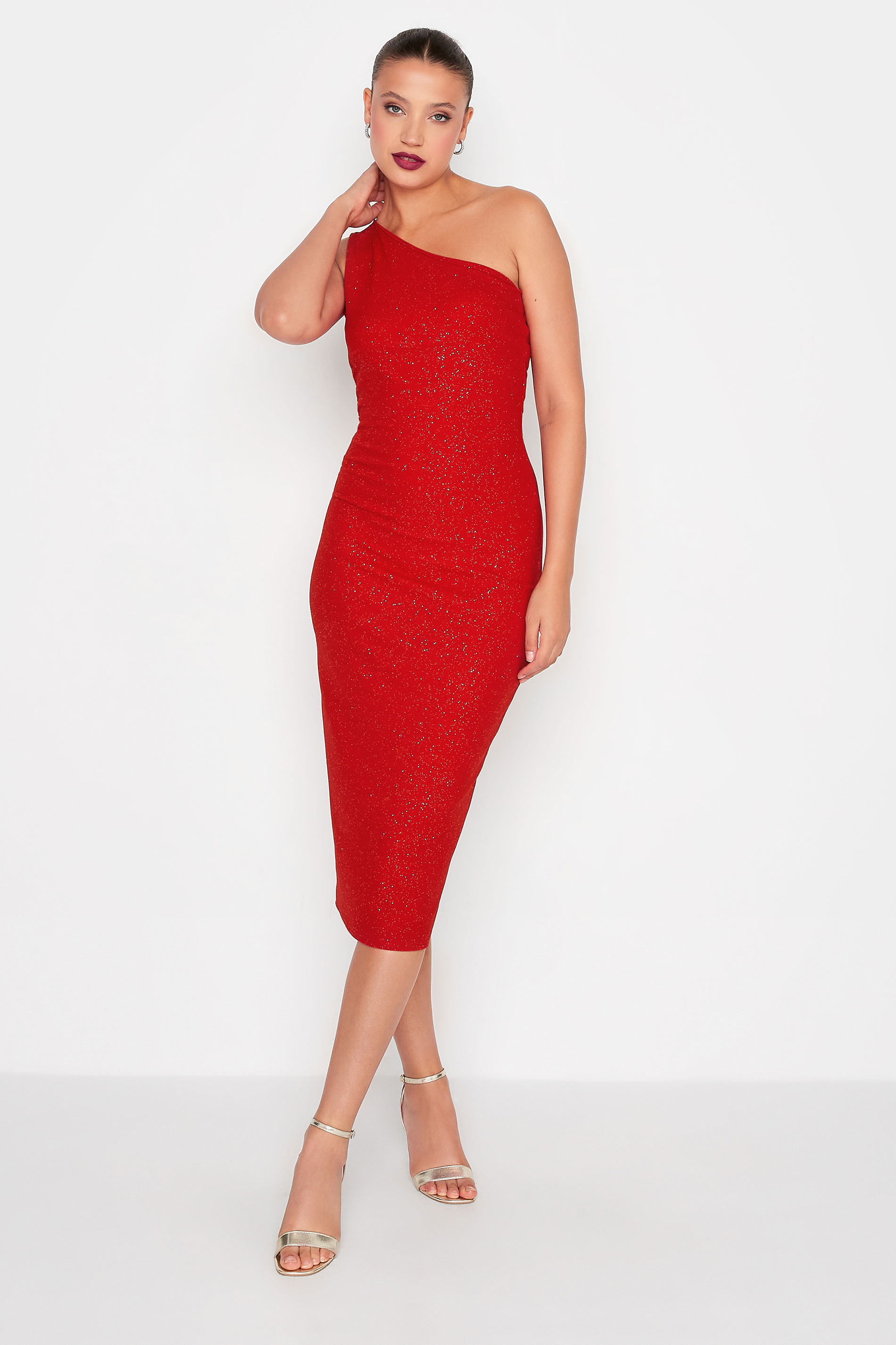 LTS Tall Women's Red Glitter One Shoulder Midi Dress | Long Tall Sally 1