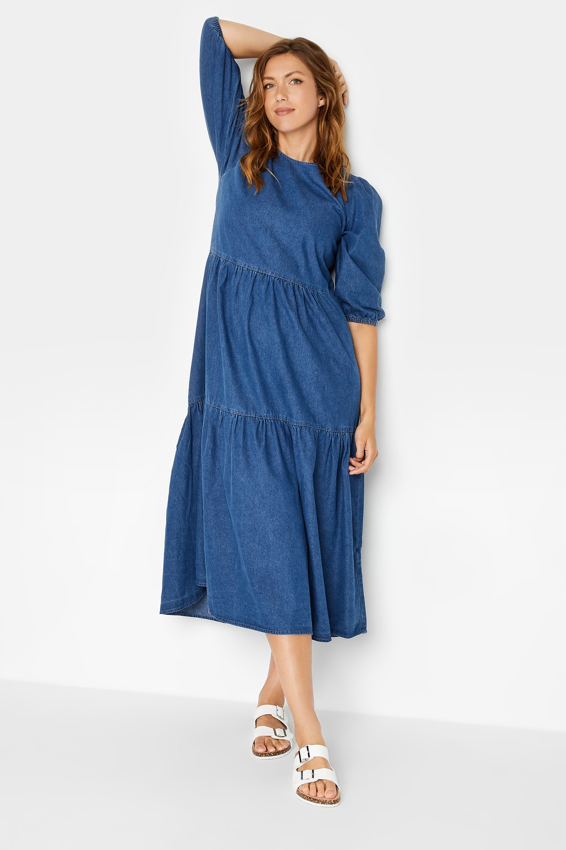 LTS Tall Women's Blue Denim Tiered Midi Dress | Long Tall Sally 1