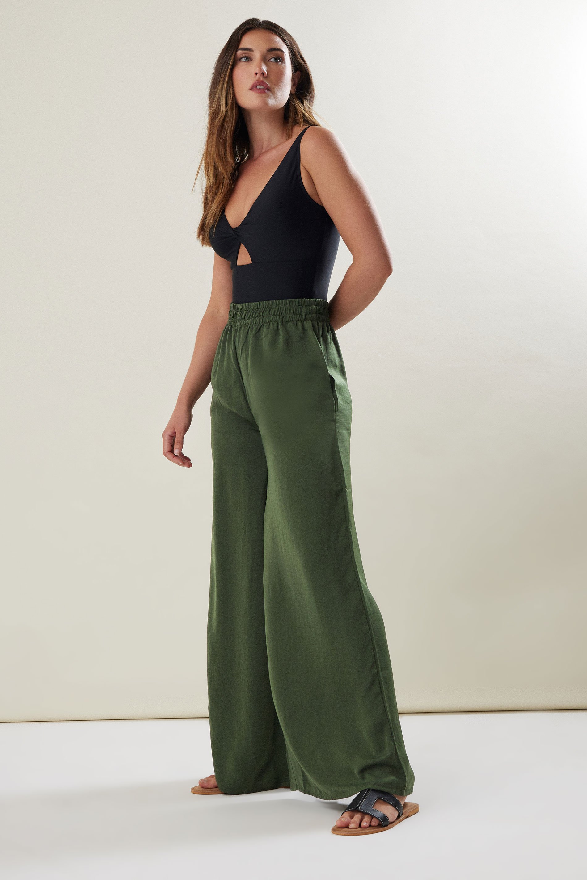 LTS Tall Khaki Green Matt Satin Wide Leg Trousers | Long Tall Sally 3