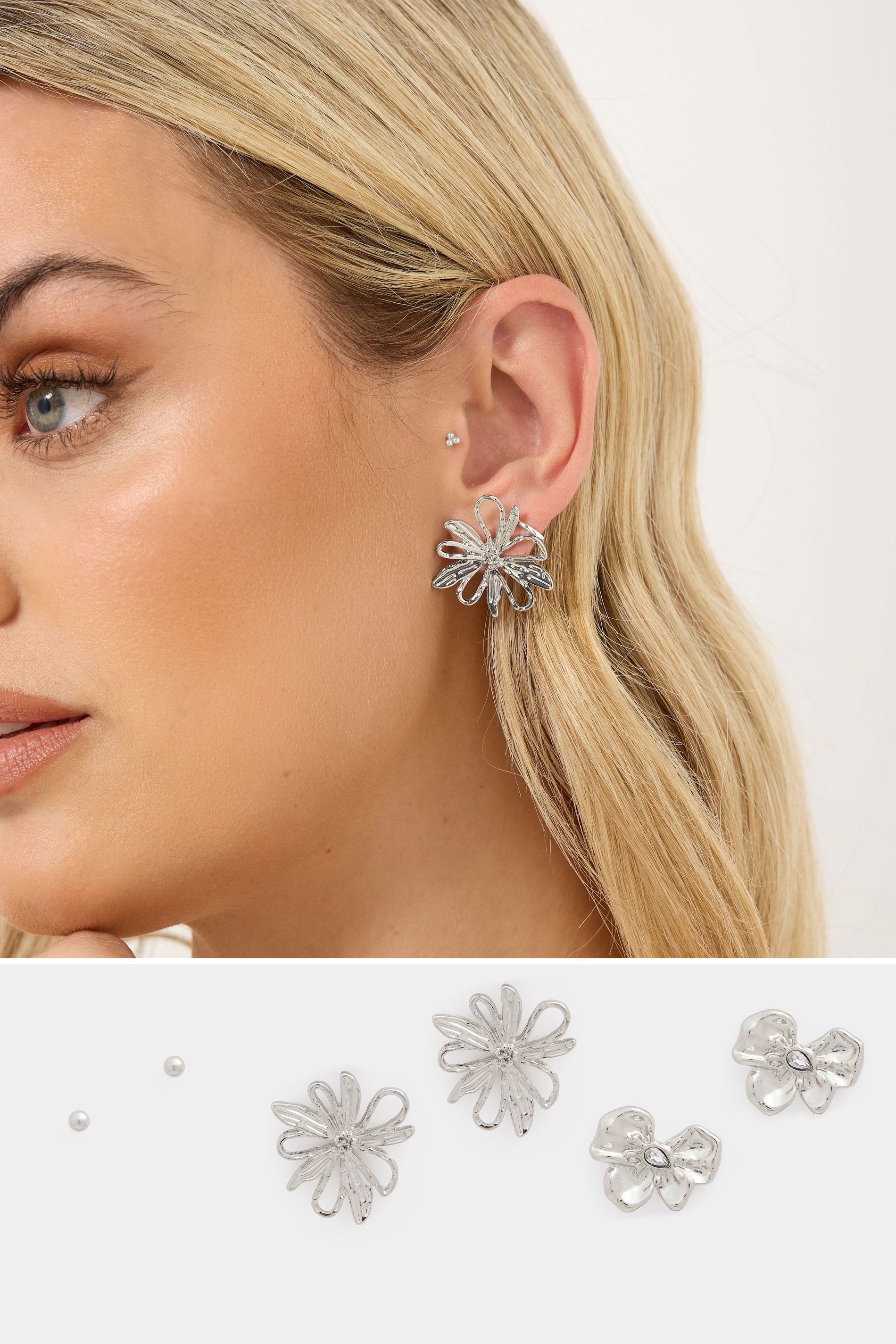 YOURSET 3 PACK Silver Tone Floral Earrings | Yours Clothing 1