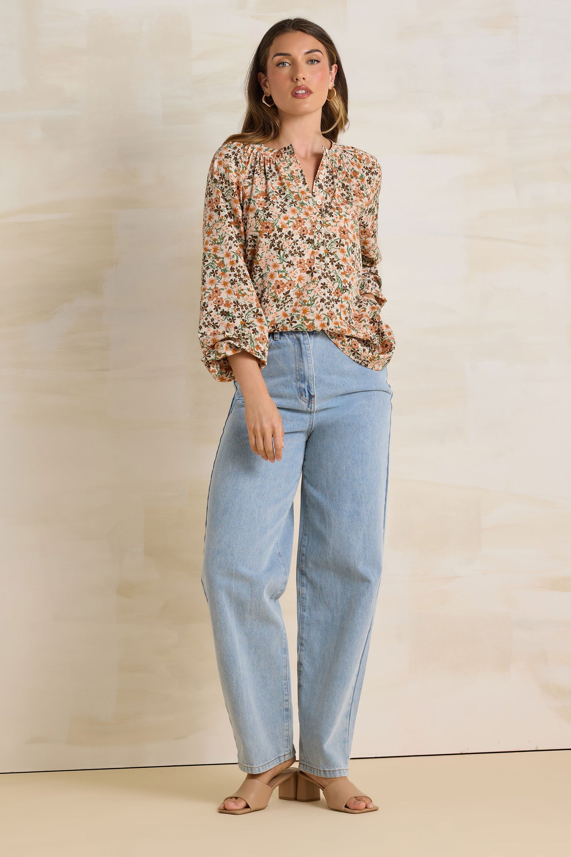 LTS Tall Natural Brown Floral Half Button Blouse | Long Tall Sally 2