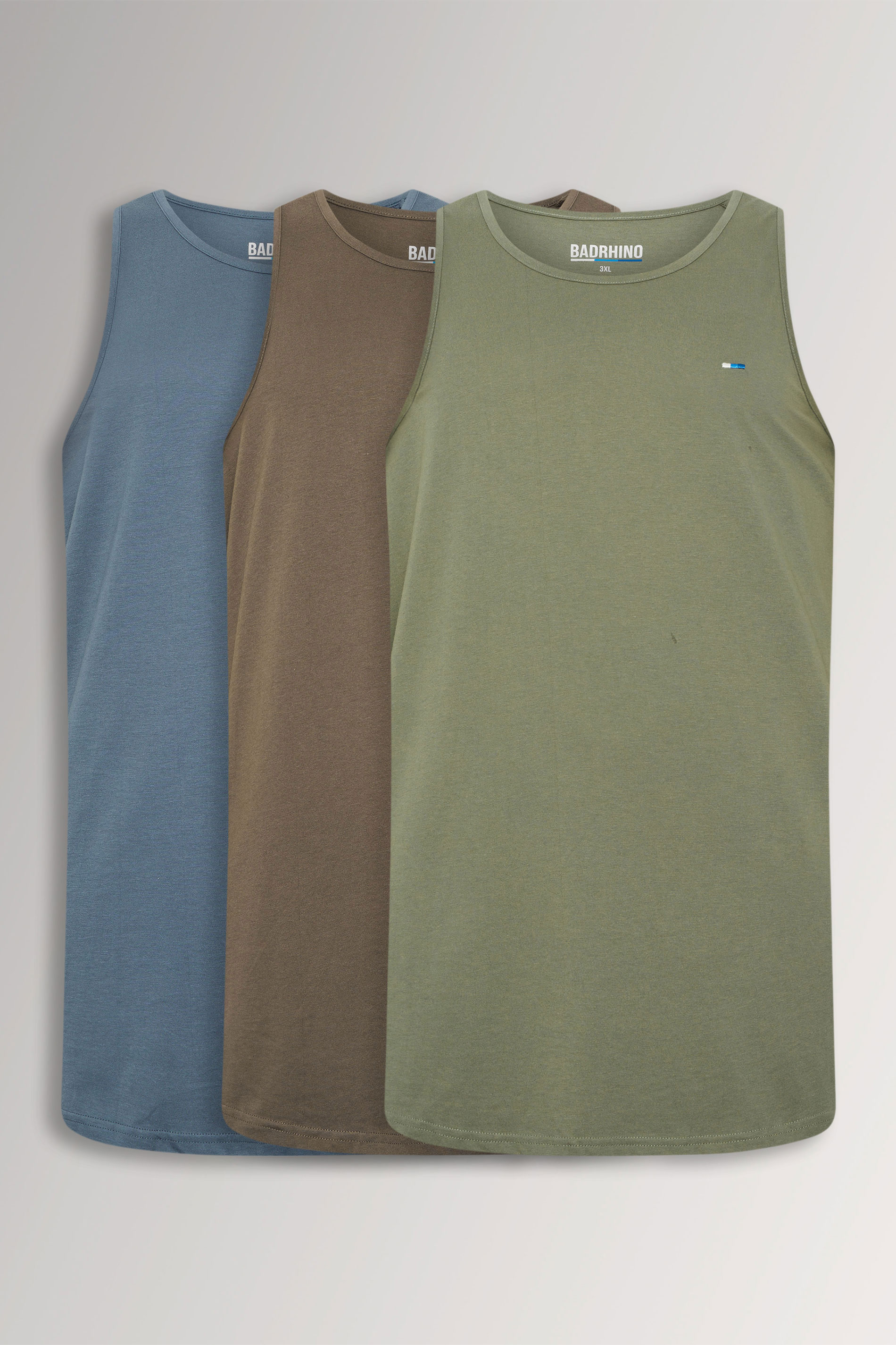 BadRhino Big & Tall 3 PACK Green/Blue/Brown Plain Vest Tops | BadRhino 3