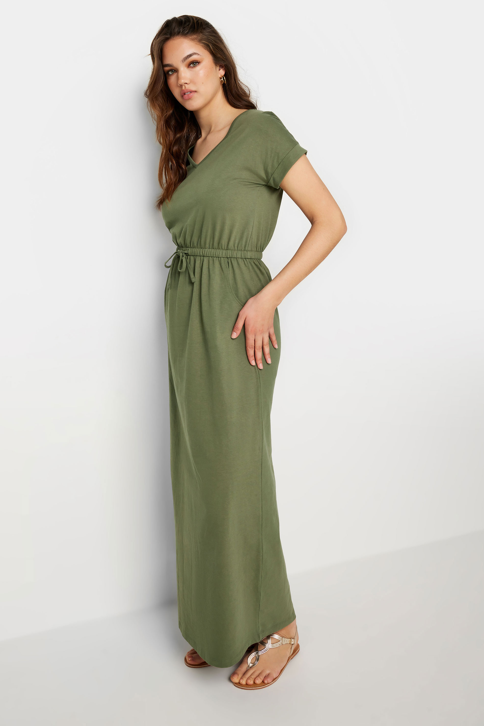 LTS Tall Women's Khaki Green Tie Waist Maxi T-Shirt Dress | Long Tall Sally 6