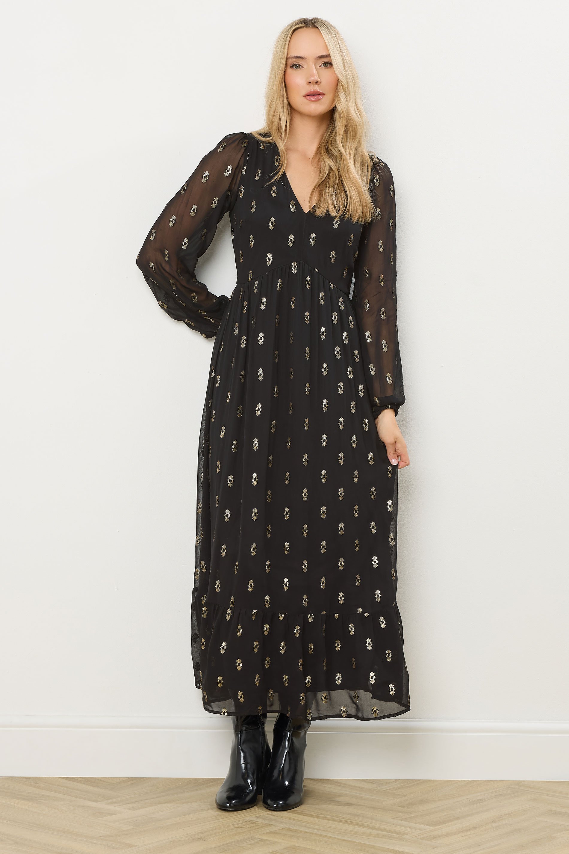 LTS Tall Black Sequin Spot Smock Maxi Dress | Long Tall Sally 2