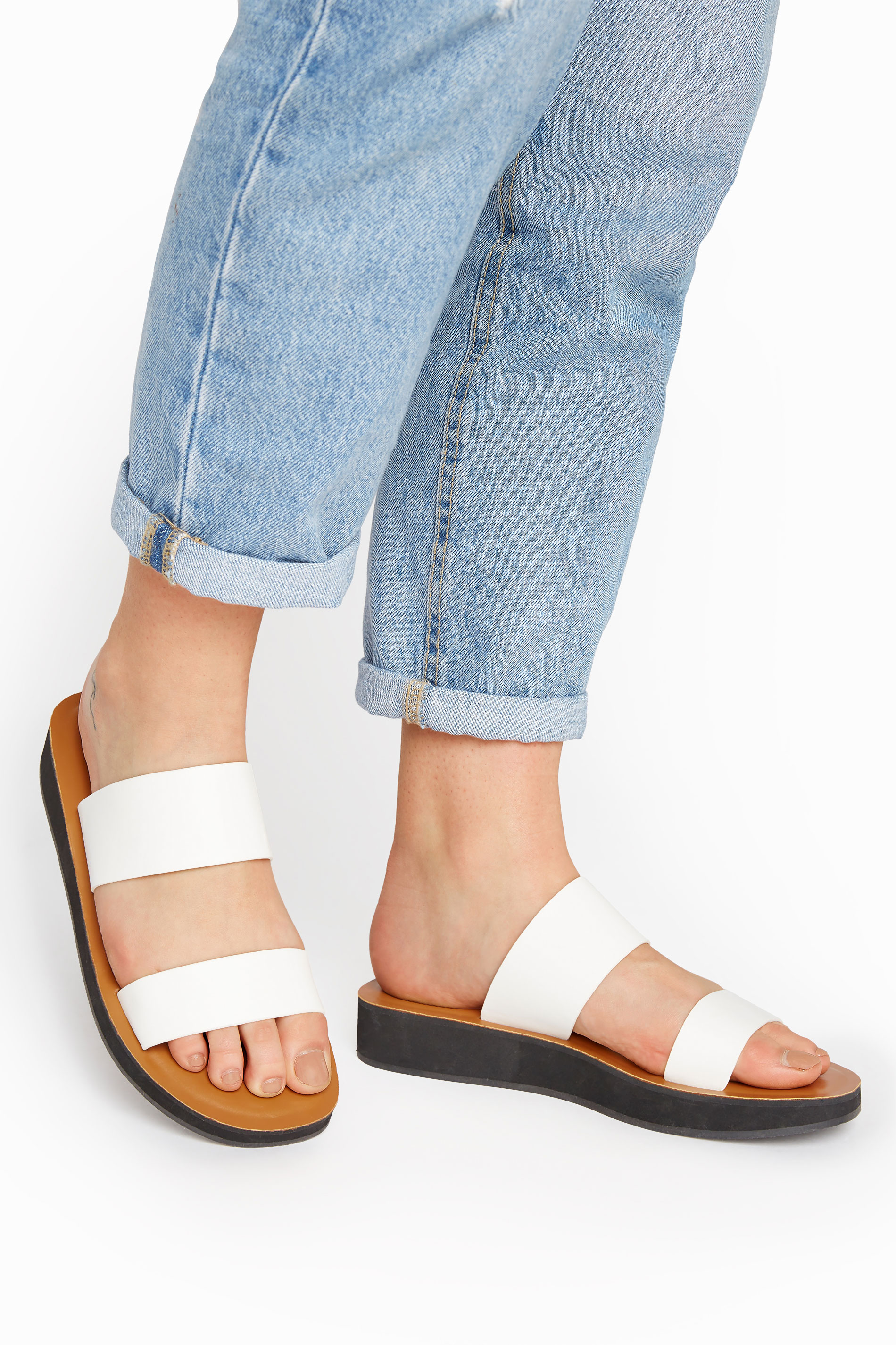 LTS White Two Strap Flat Sandals In Standard Fit | Long Tall Sally 1