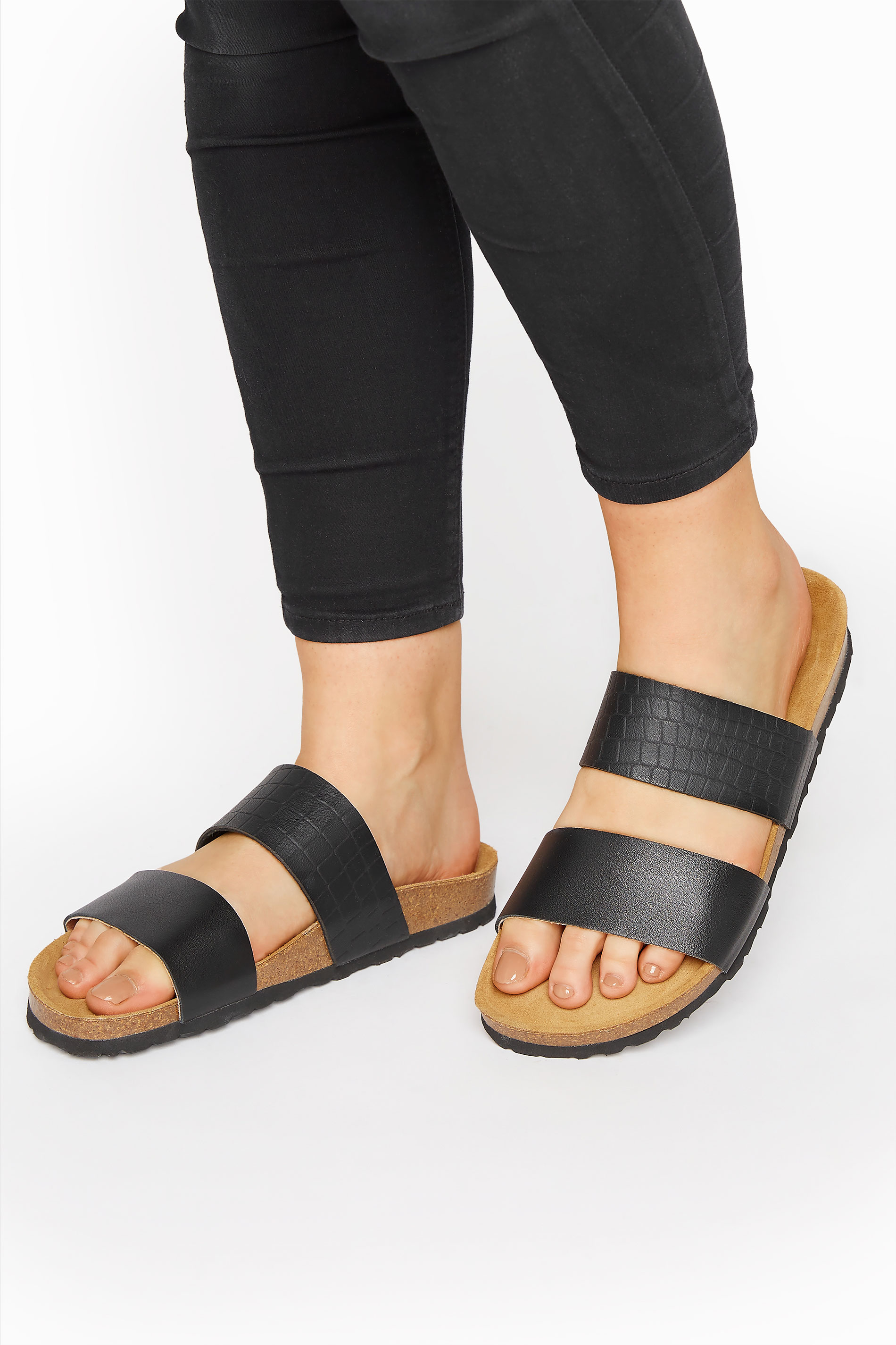 LTS Black Leather Two Strap Footbed Sandals In Standard Fit | Long Tall Sally  1