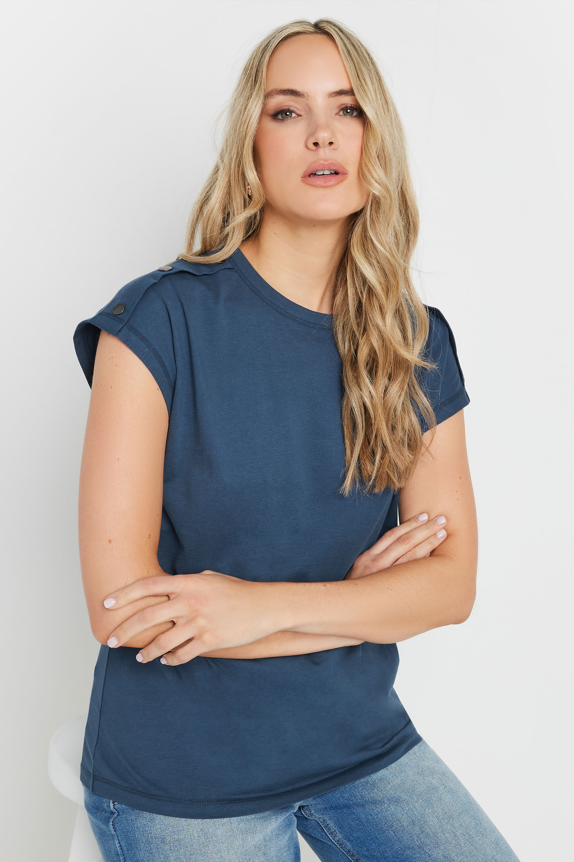 LTS Tall Navy Blue Shoulder Button Short Sleeve T-Shirt | Long Tall Sally 3