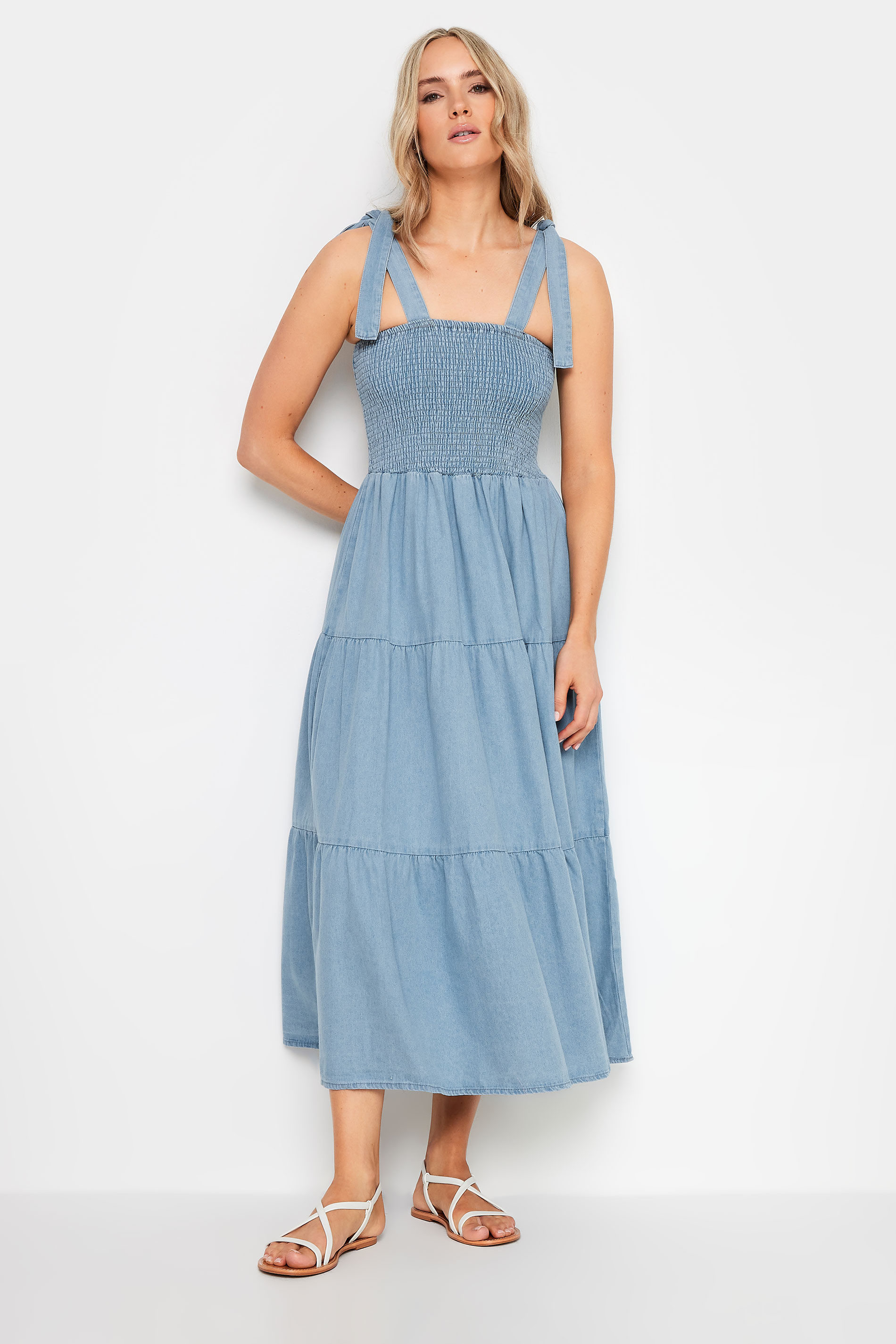 LTS Tall Women's Blue Denim Shirred Tiered Midi Dress | Long Tall Sally 1