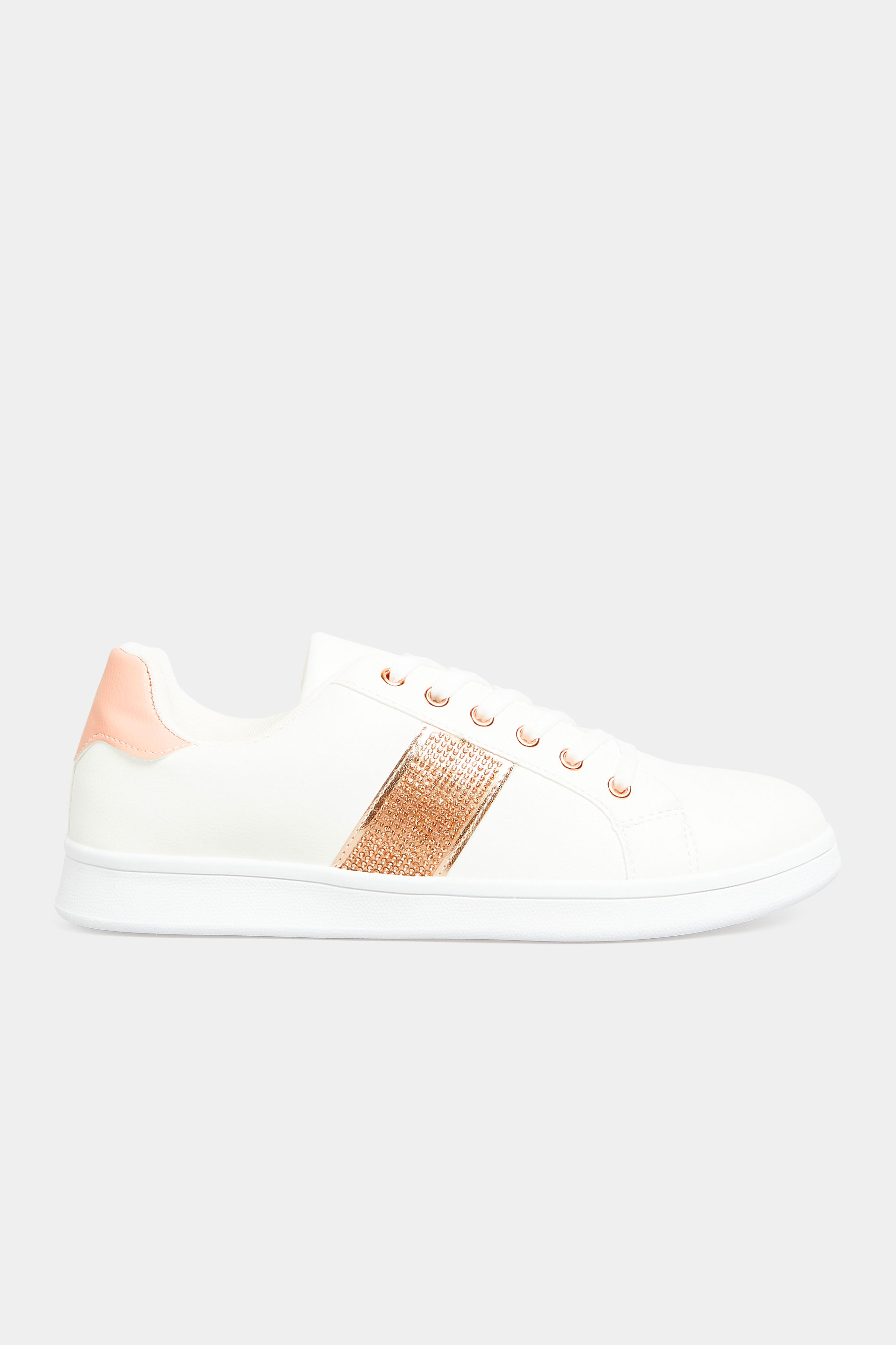 Plus Size White & Rose Gold Diamante Stripe Trainers In Wide E Fit | Yours Clothing 3